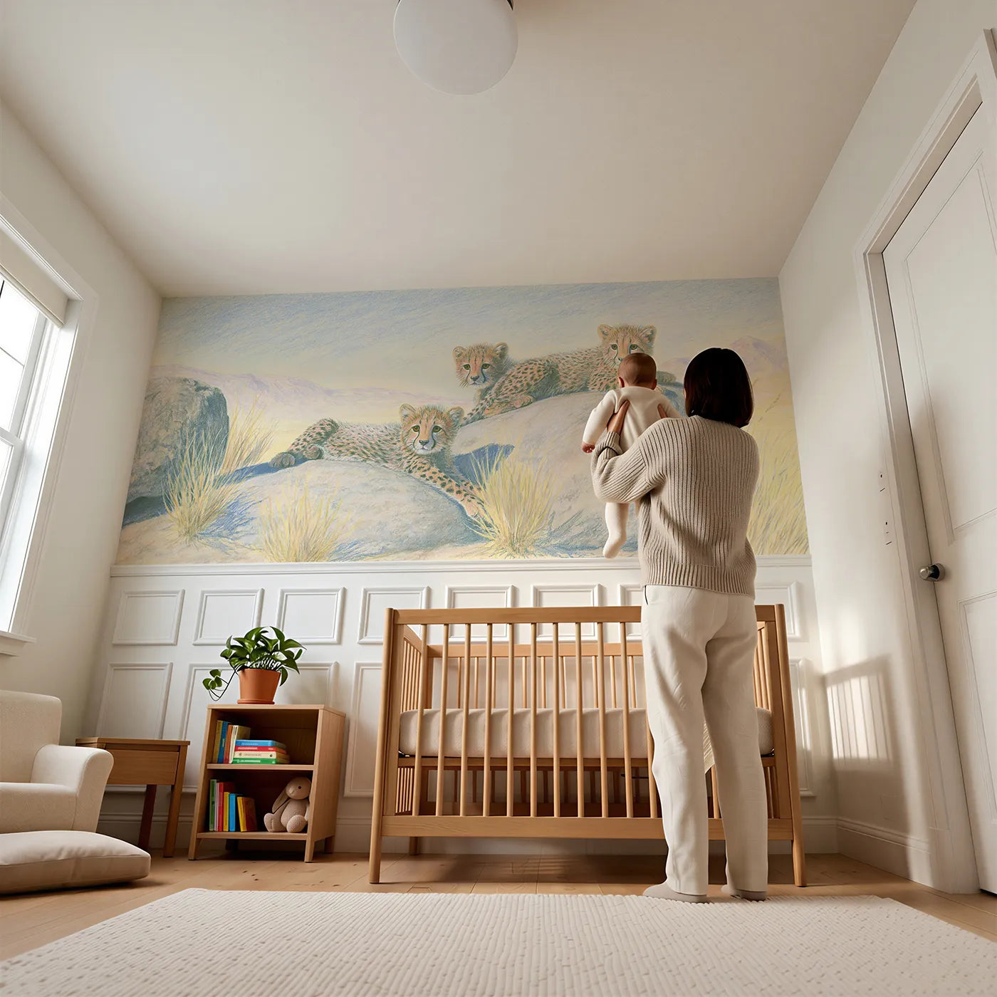 Child reading near Cheetah Cubs Kopje Play Wainscoting Wallpaper by Whimsy Tots