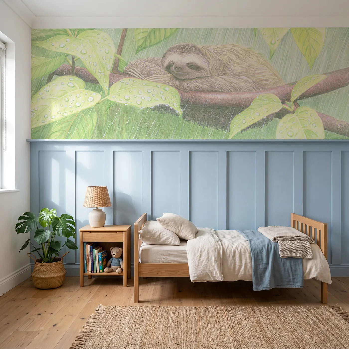 Colored pencil wainscoting wallpaper of a sloth dozing after rain by Whimsy Tots