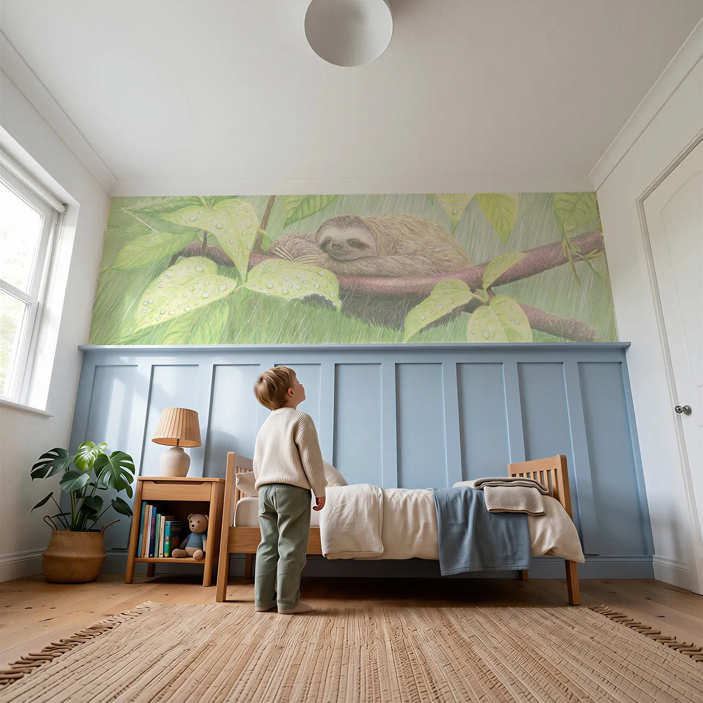 Child reading near Sloth After Rain Doze Wainscoting Wallpaper by Whimsy Tots