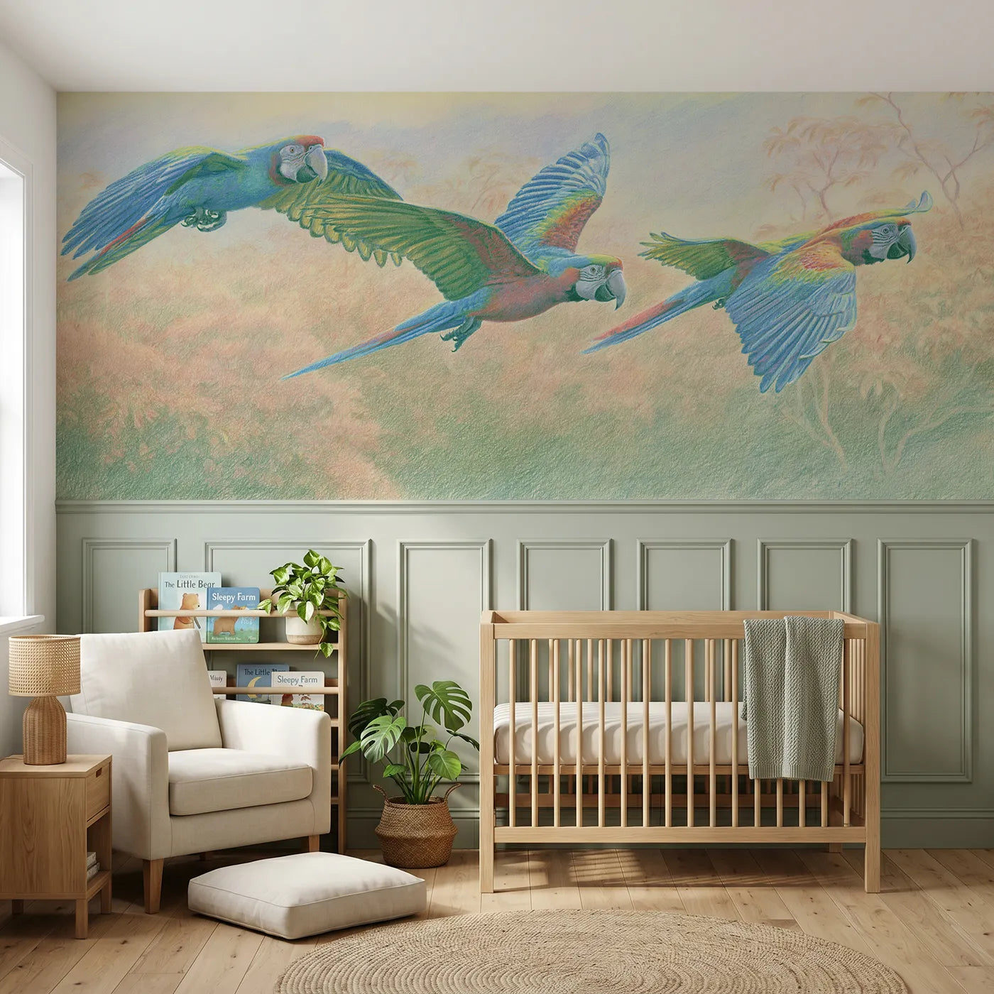 Colored pencil wainscoting wallpaper of three parrots in jungle flight for a bedroom by Whimsy Tots