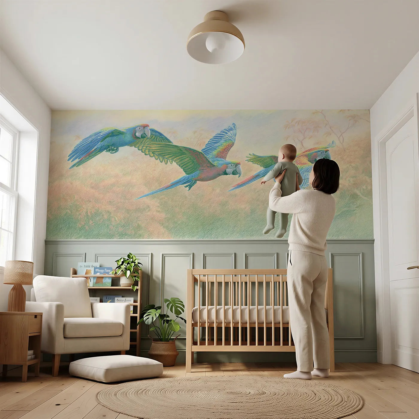 Child reading near Parrot Trio Jungle Flight Wainscoting Wallpaper by Whimsy Tots