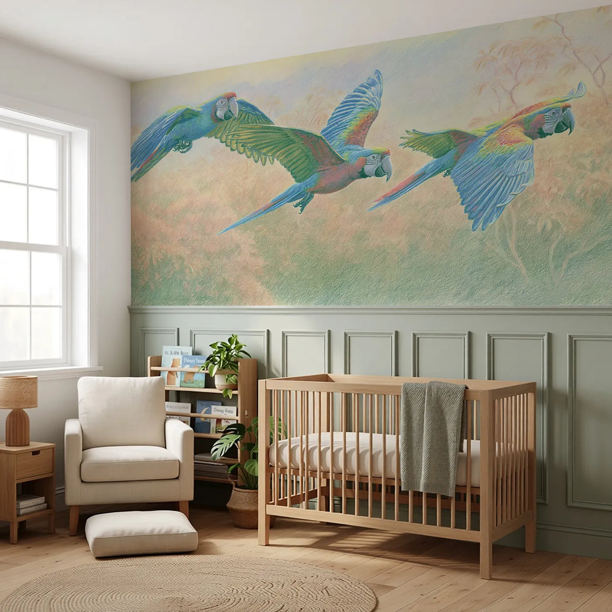 Parrot Trio Jungle Flight Wainscoting Wallpaper styled in a kids room by Whimsy Tots