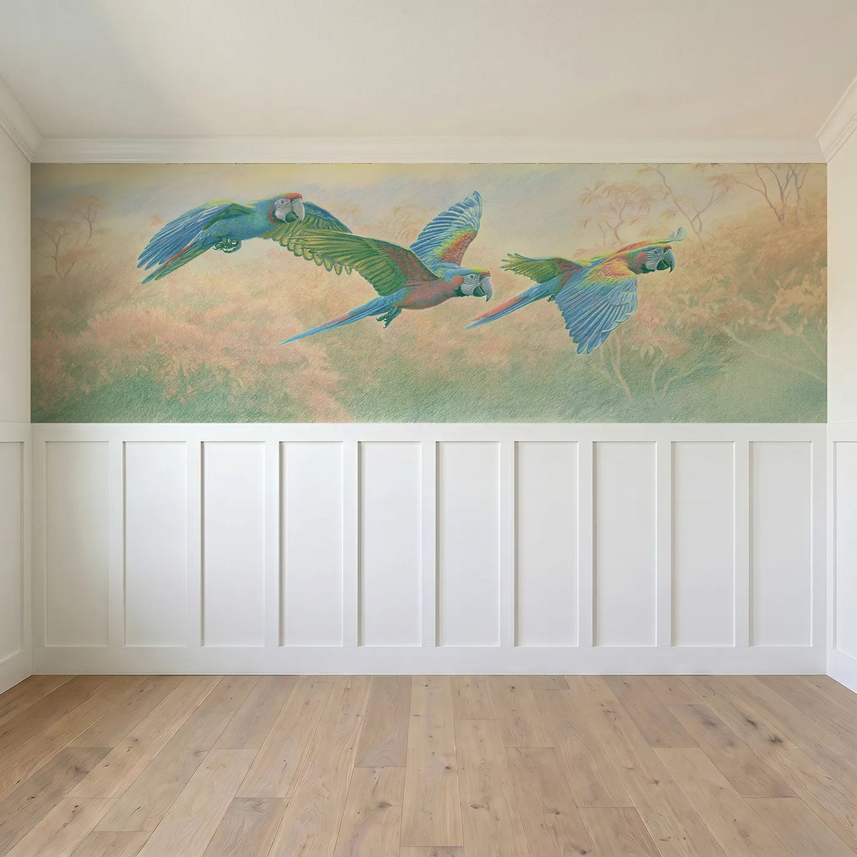 Full panel view of Parrot Trio Jungle Flight Wainscoting Wallpaper by Whimsy Tots