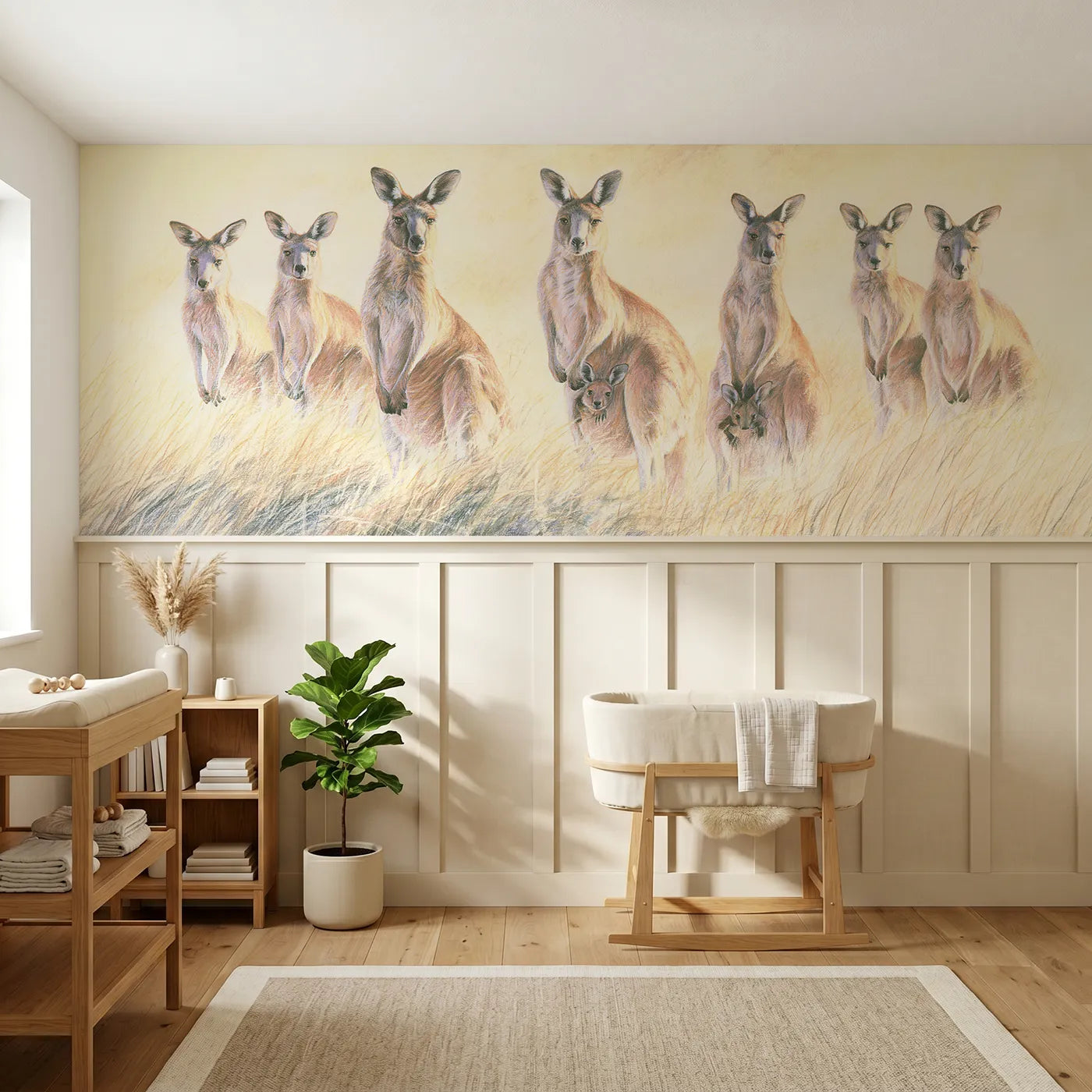 Colored pencil wainscoting mural of kangaroos and a peeking joey at daybreak by Whimsy Tots