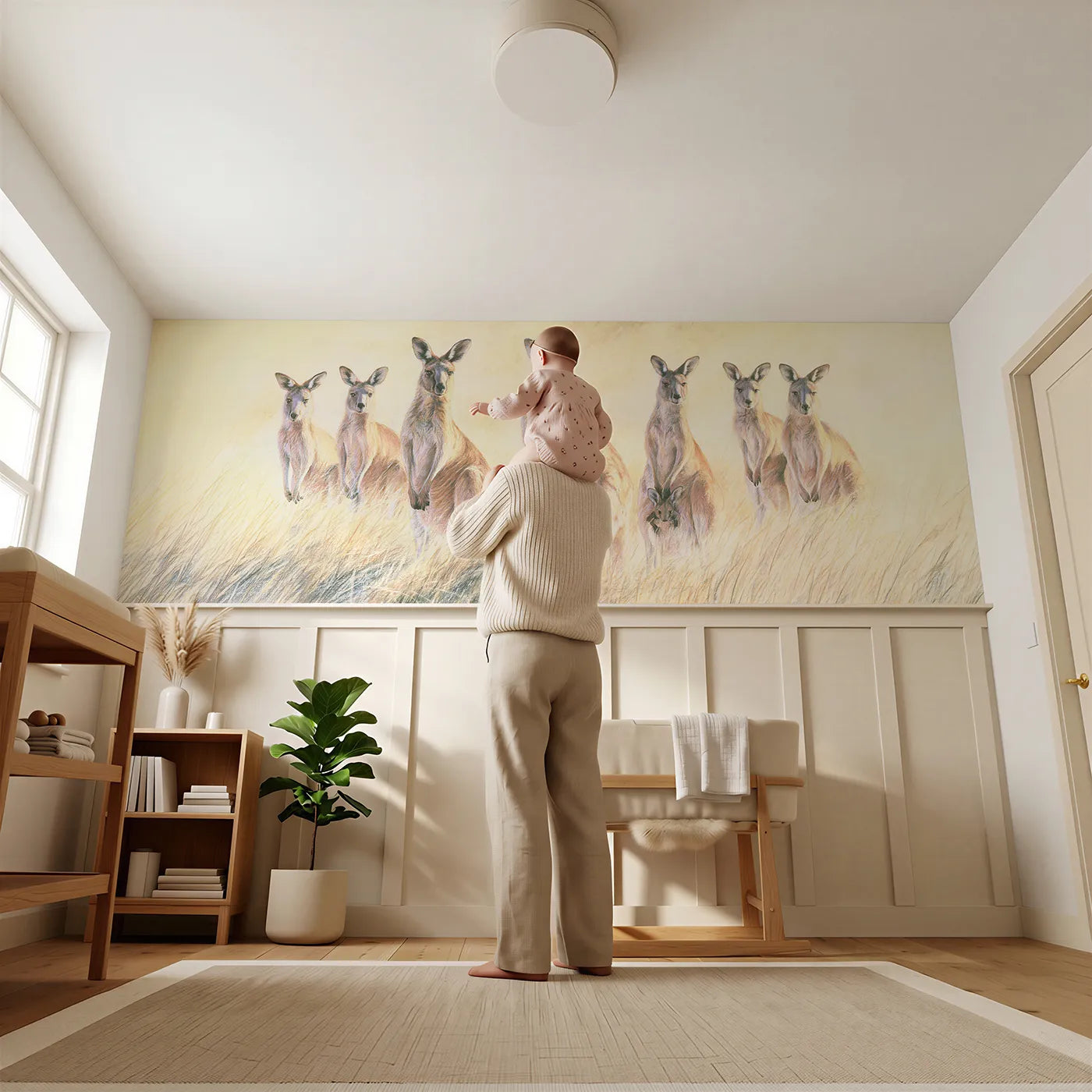 Child reading near Kangaroo Mob Daybreak Wainscoting Wallpaper by Whimsy Tots