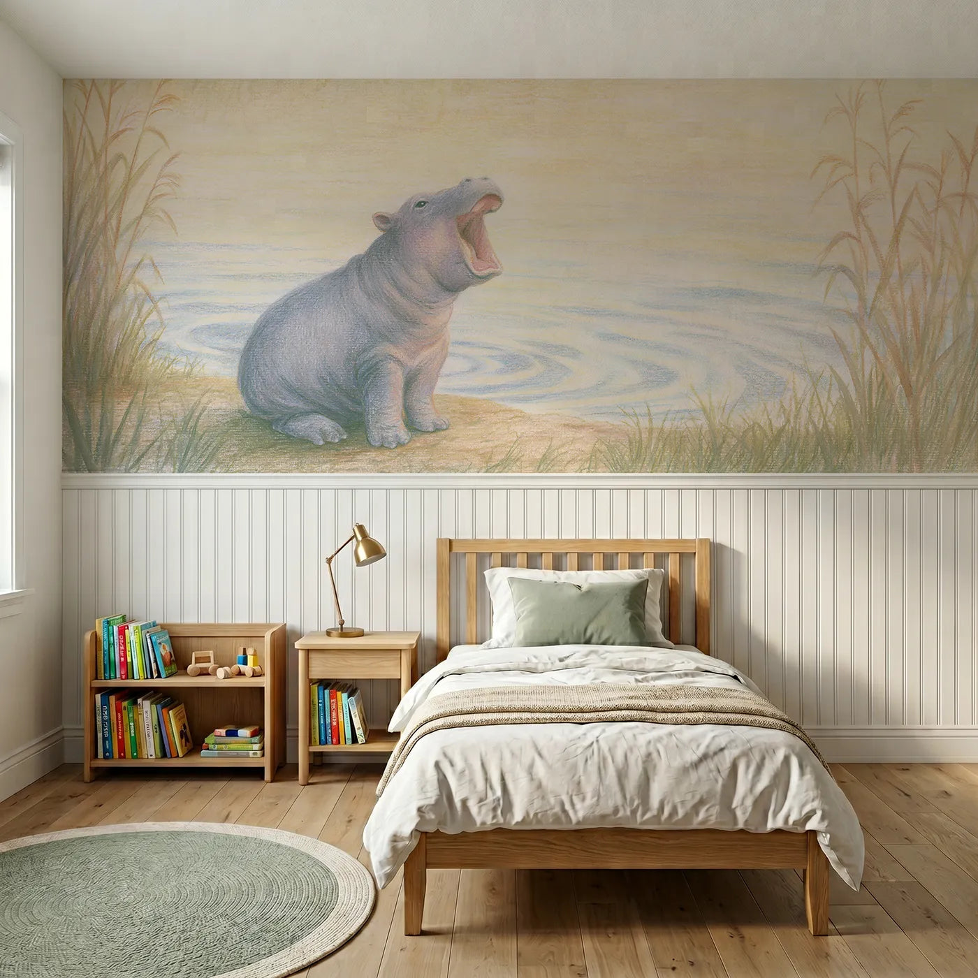 Colored pencil wainscoting wallpaper of a yawning hippo calf by the river by Whimsy Tots