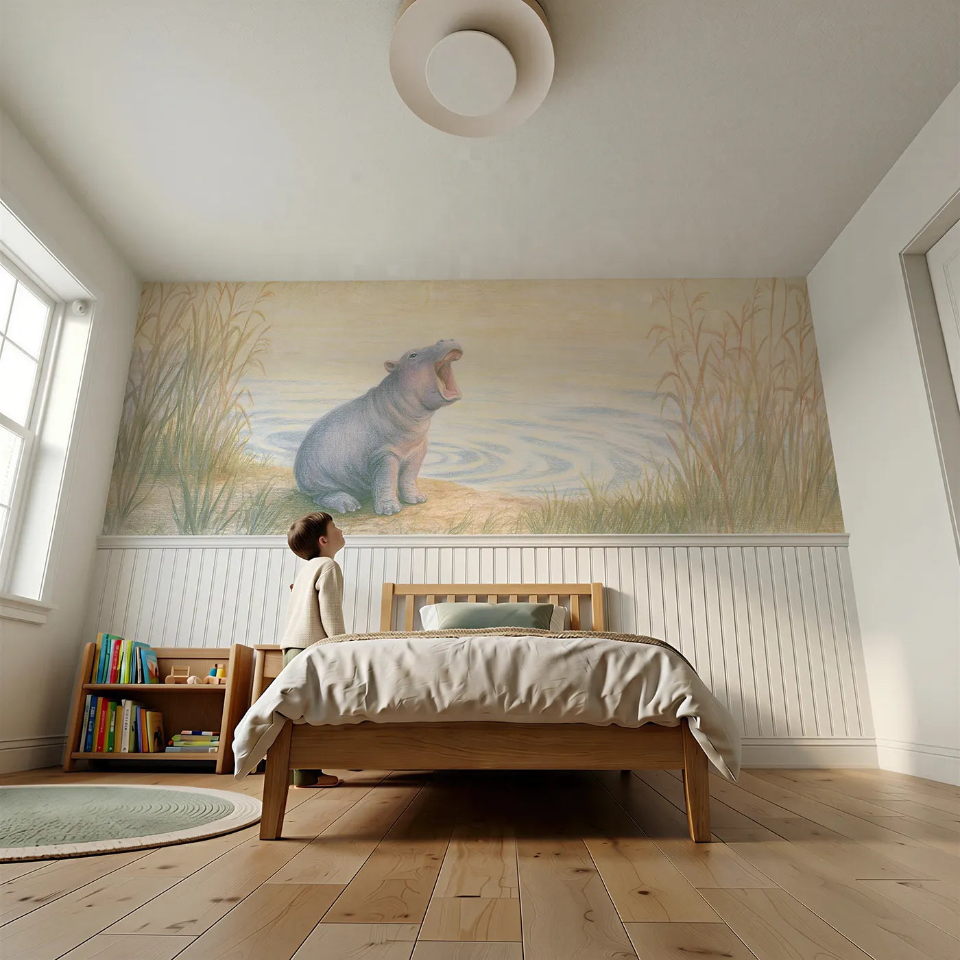 Child reading near Hippo Calf Big Yawn Wainscoting Wallpaper by Whimsy Tots
