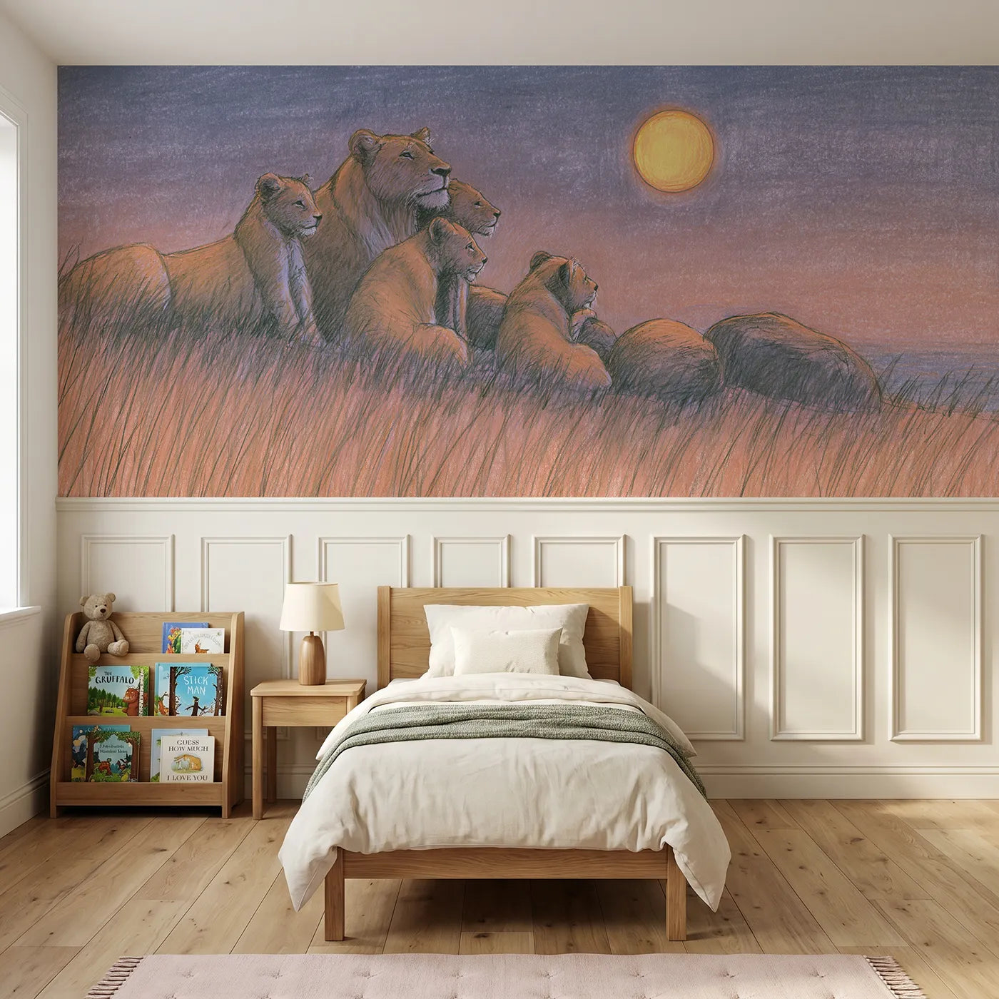 Colored pencil wainscoting wallpaper of a lion family moonrise watch by Whimsy Tots