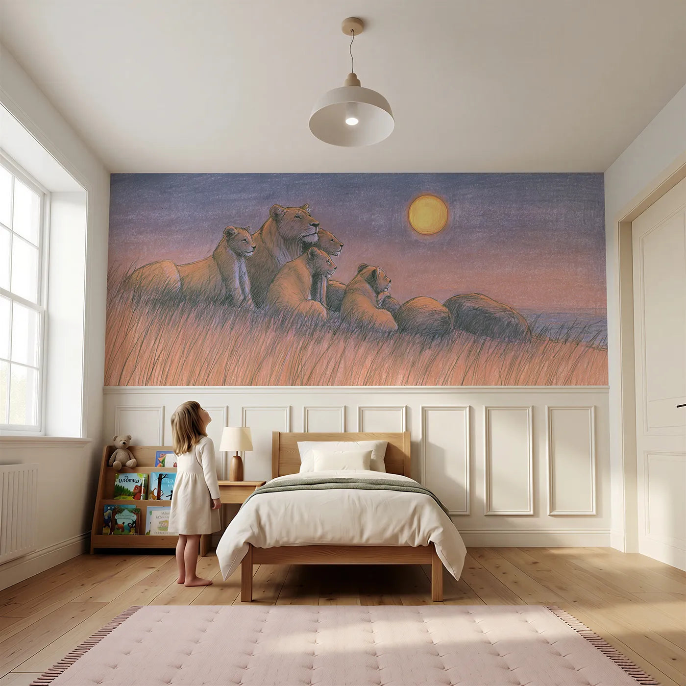 Child reading near Lion Family Moonrise Watch Wainscoting Wallpaper by Whimsy Tots