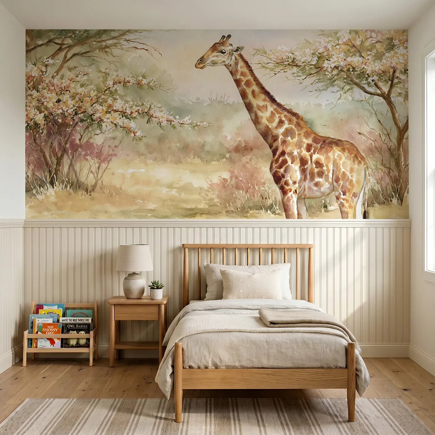 Watercolor wainscoting wallpaper of a giraffe reaching acacia blossoms by Whimsy Tots