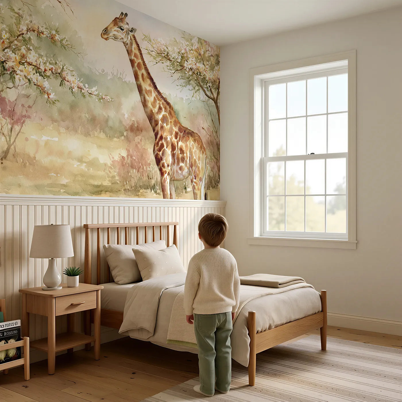 Child reading near Giraffe Acacia Blossom Reach Wainscoting Wallpaper by Whimsy Tots
