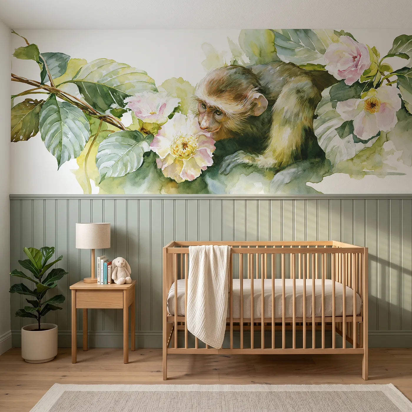 Watercolor wainscoting wallpaper of a baby monkey studying a bloom by Whimsy Tots