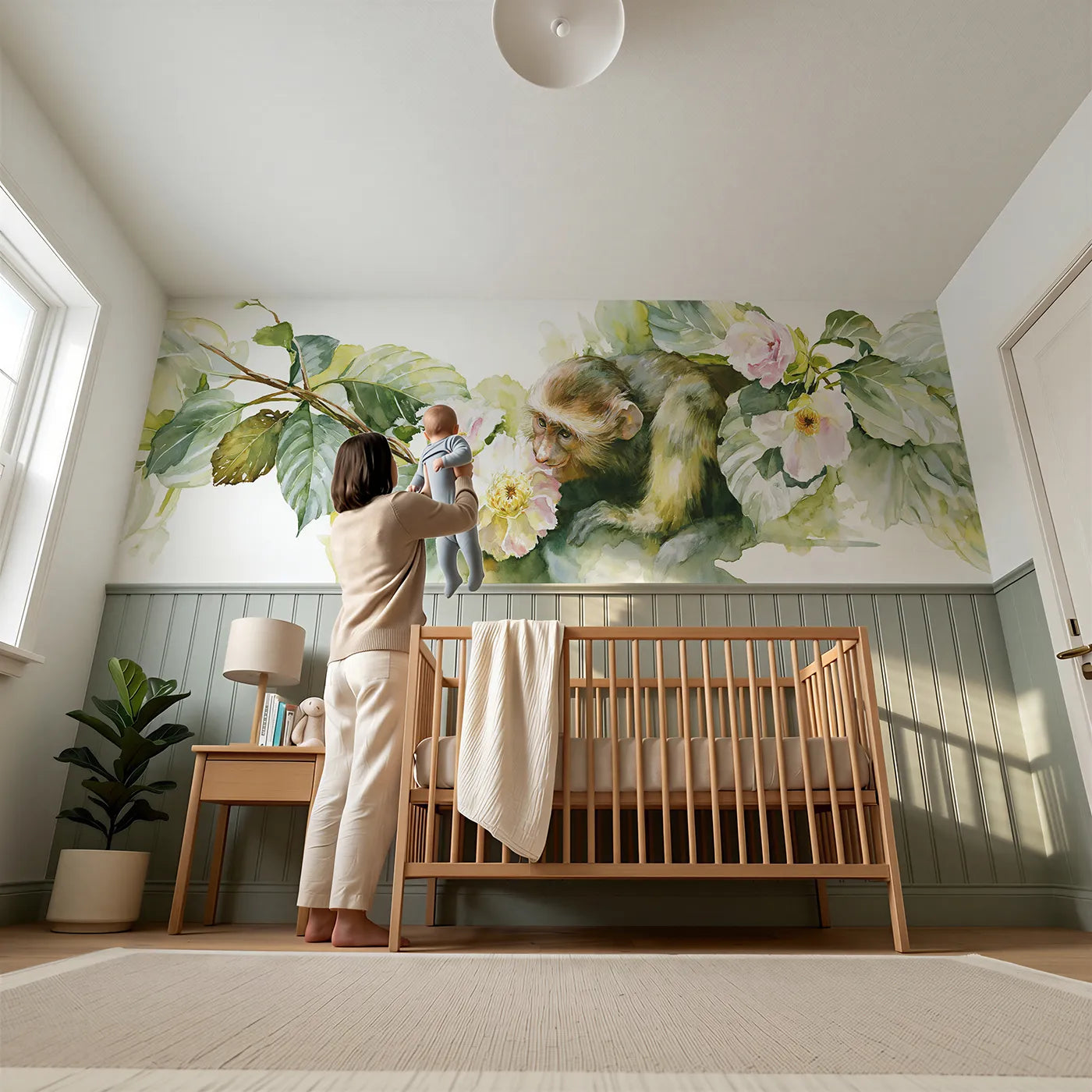 Child reading near Monkey Baby Flower Curiosity Wainscoting Wallpaper by Whimsy Tots