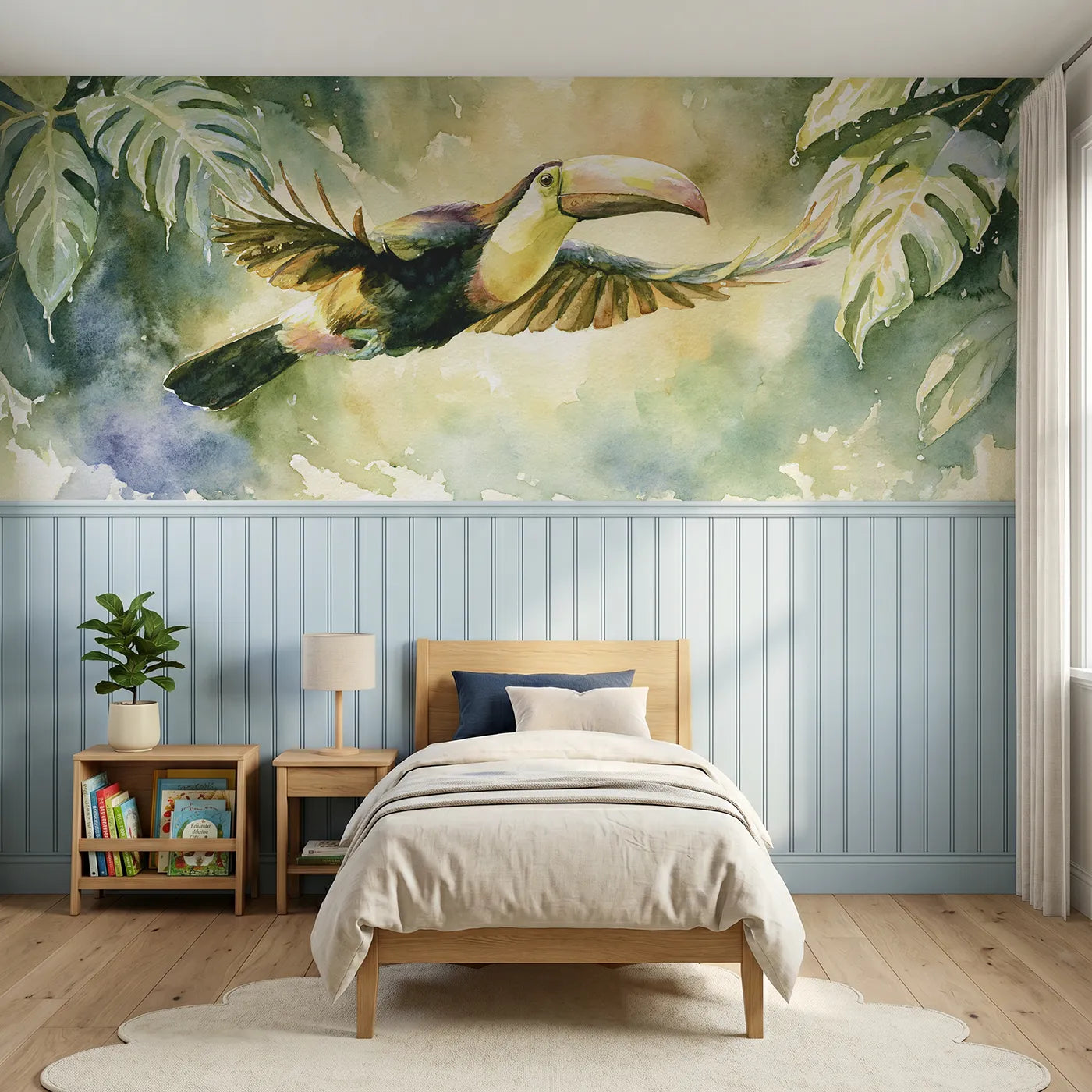 Watercolor wainscoting wallpaper of a toucan celebrating rain for a playroom by Whimsy Tots