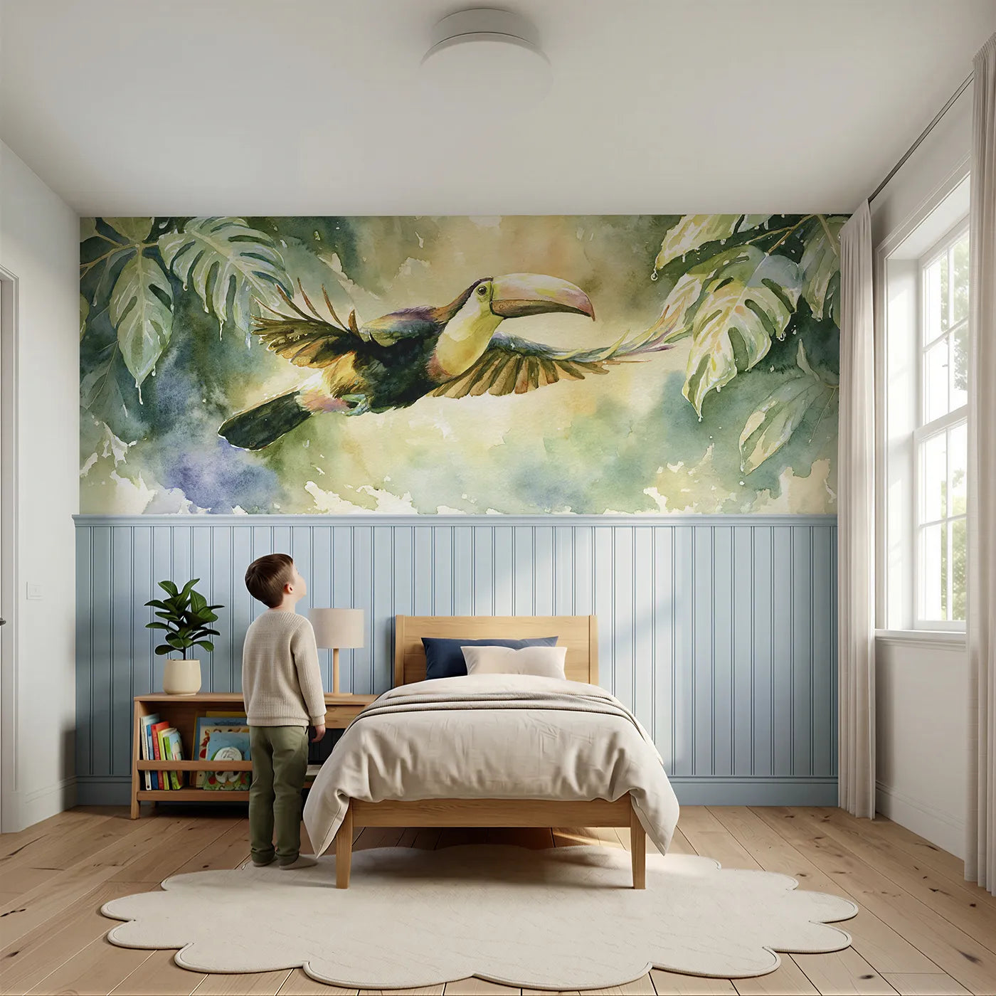Child reading near Toucan Rain Shower Joy Wainscoting Wallpaper by Whimsy Tots