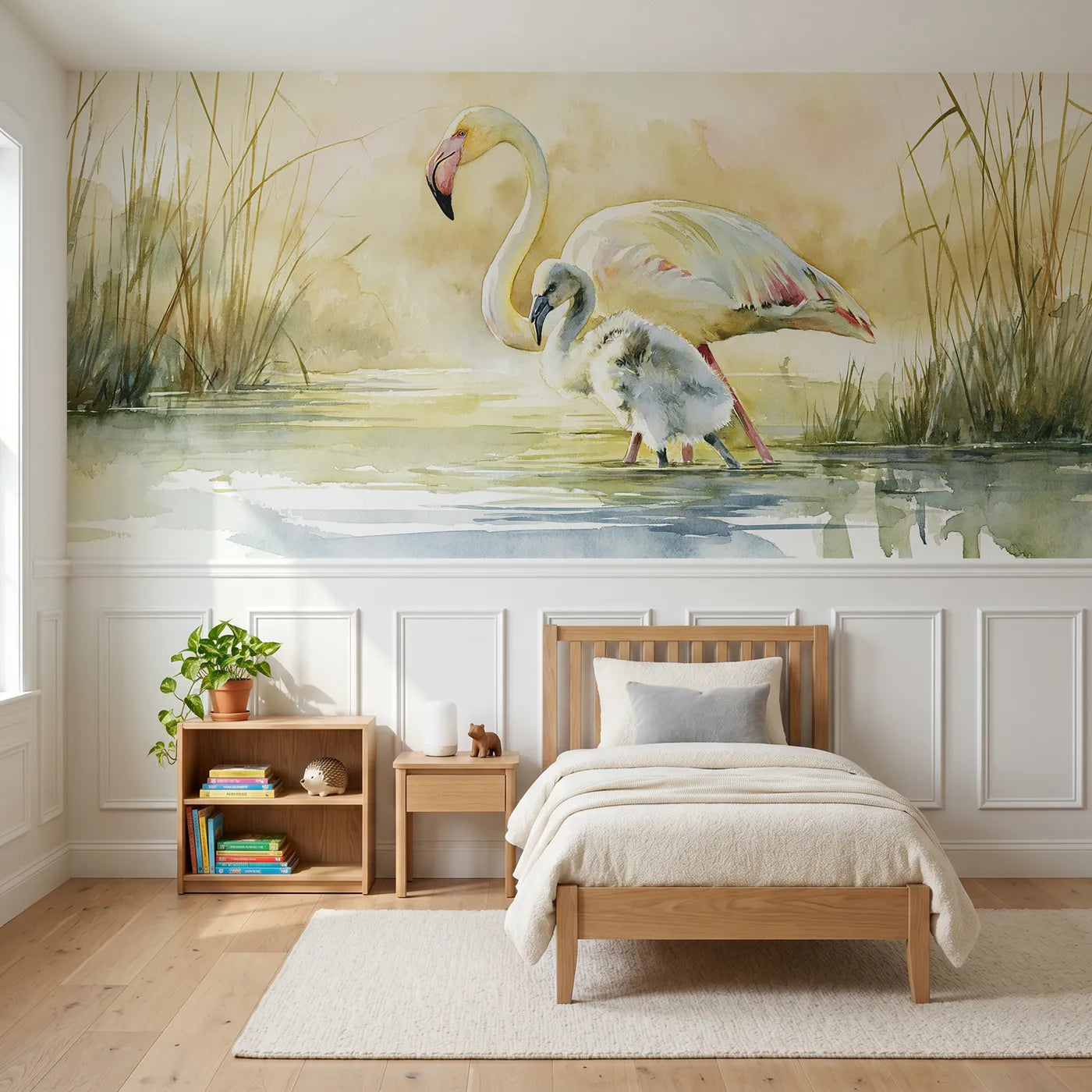 Watercolor wainscoting wallpaper of a flamingo chick beneath its parent for a nursery by Whimsy Tots
