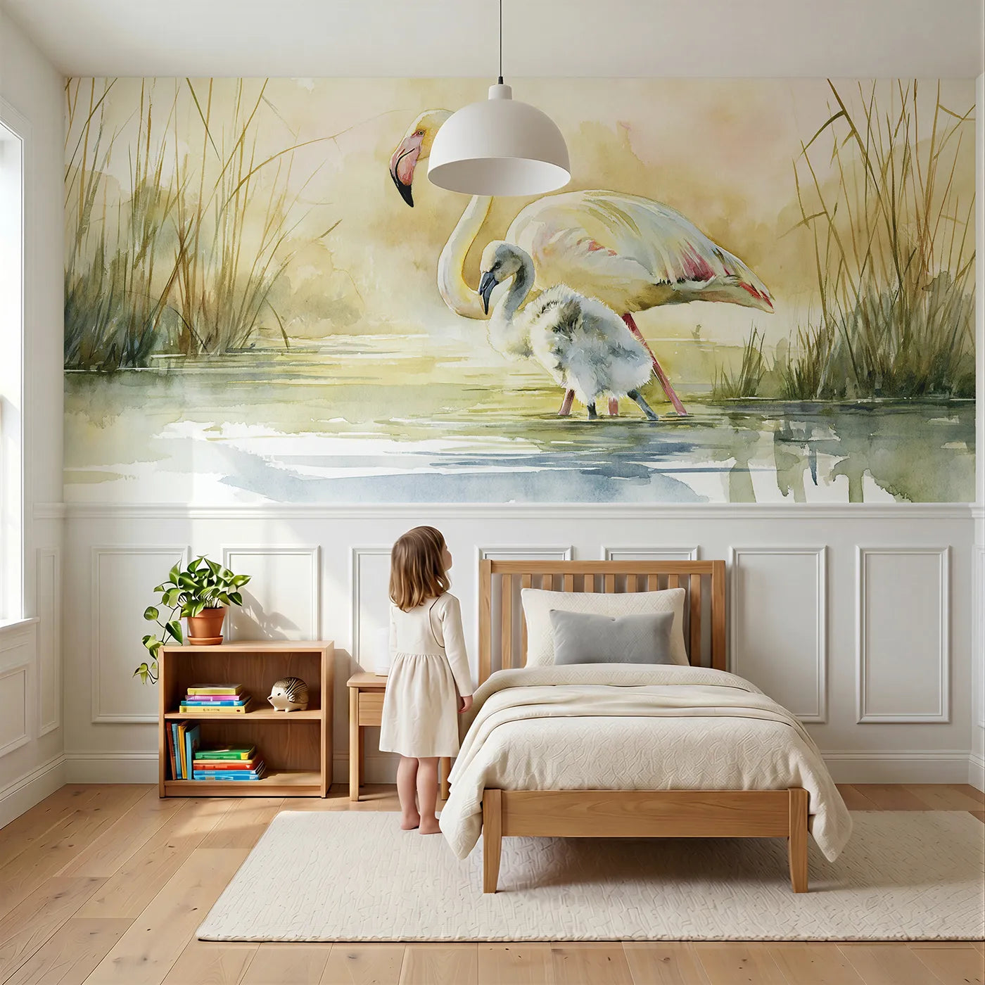 Child reading near Flamingo Chick Fluffy Morning Wainscoting Wallpaper by Whimsy Tots