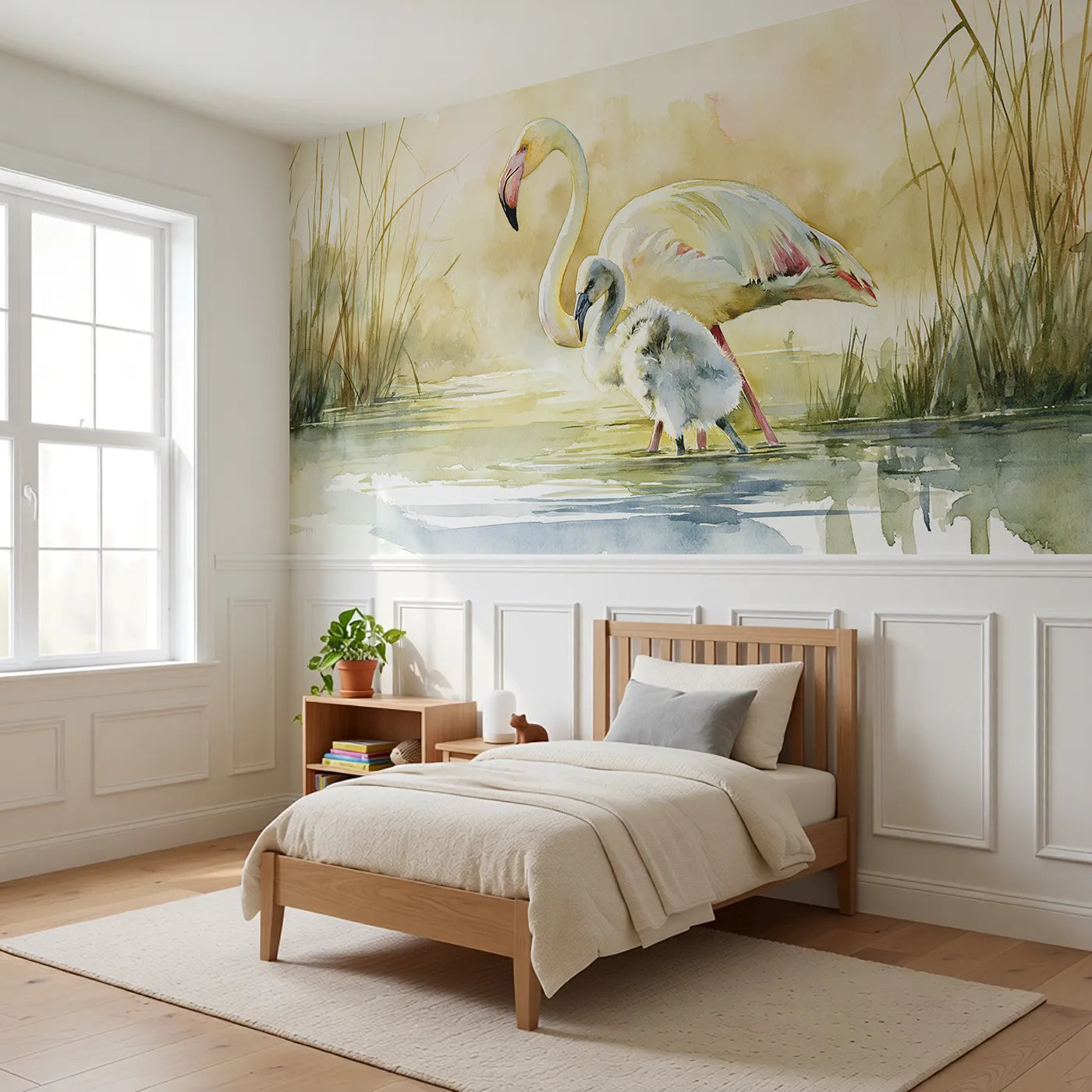 Flamingo Chick Fluffy Morning Wainscoting Wallpaper styled in a kids room by Whimsy Tots