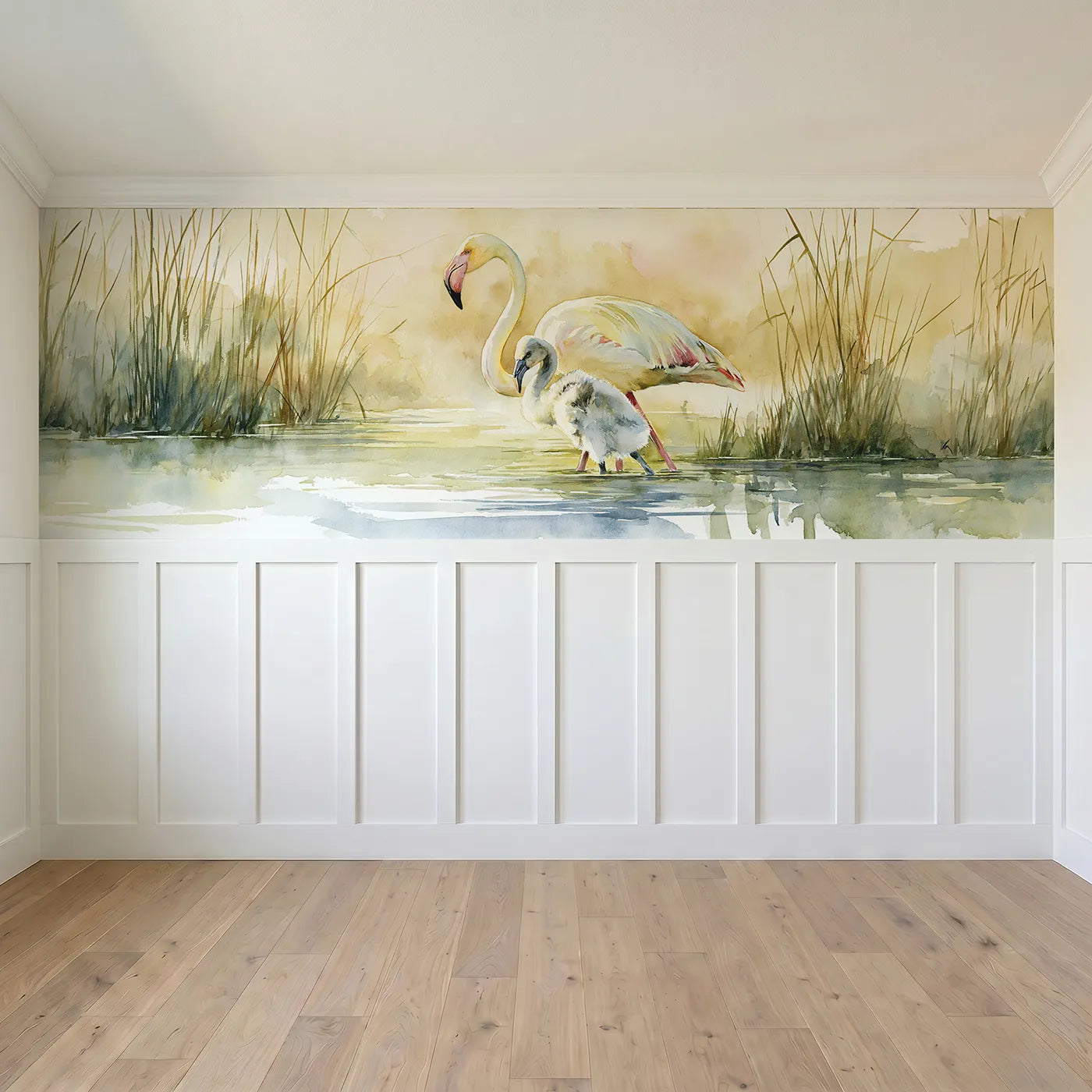 Full panel view of Flamingo Chick Fluffy Morning Wainscoting Wallpaper by Whimsy Tots