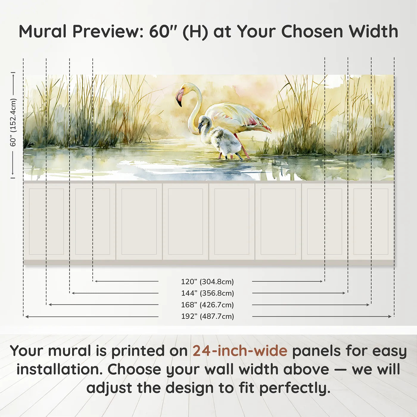 Panel dimensions for Flamingo Chick Fluffy Morning Wainscoting Wallpaper by Whimsy Tots
