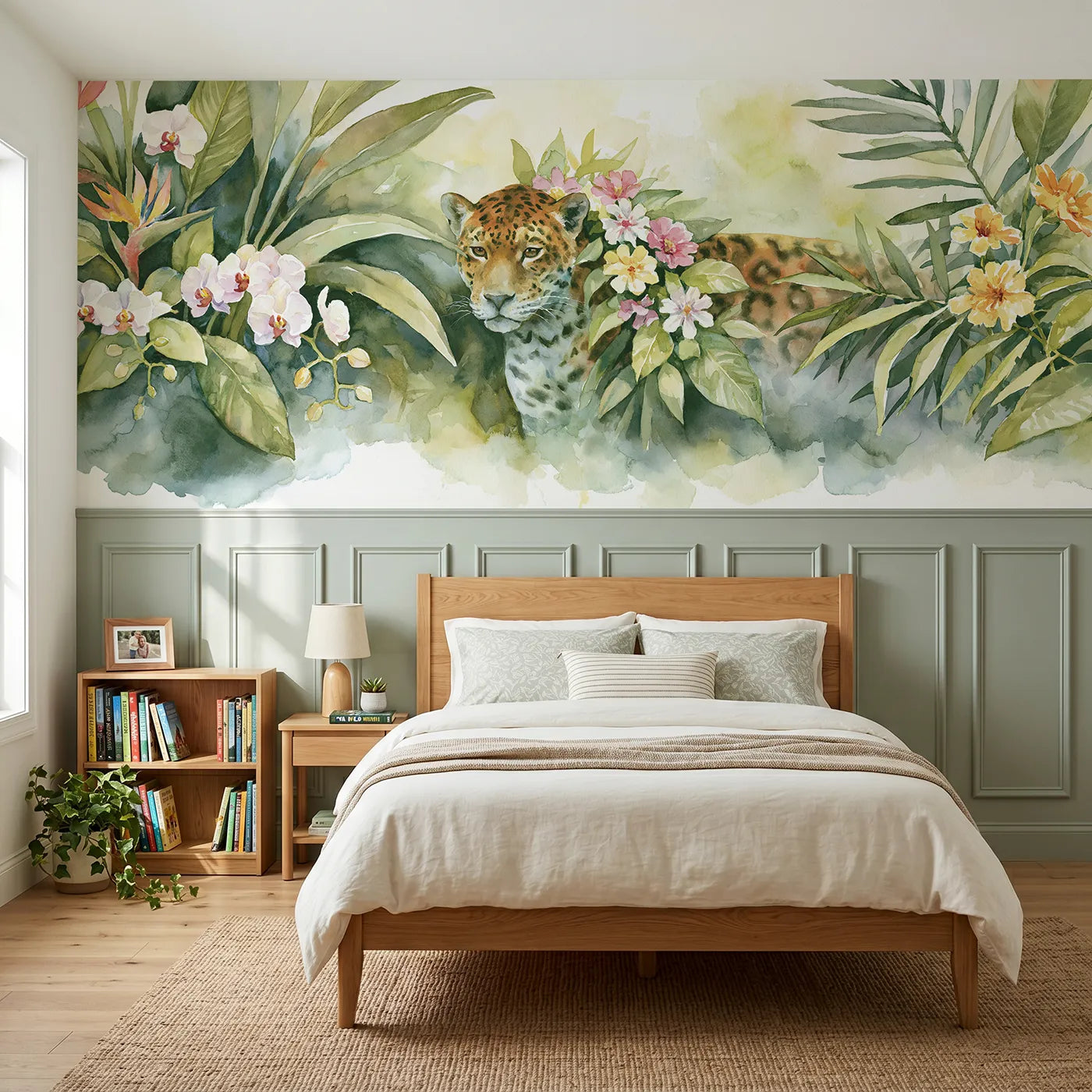 Watercolor wainscoting mural of a leopard among jungle blooms for a big-kid bedroom by Whimsy Tots