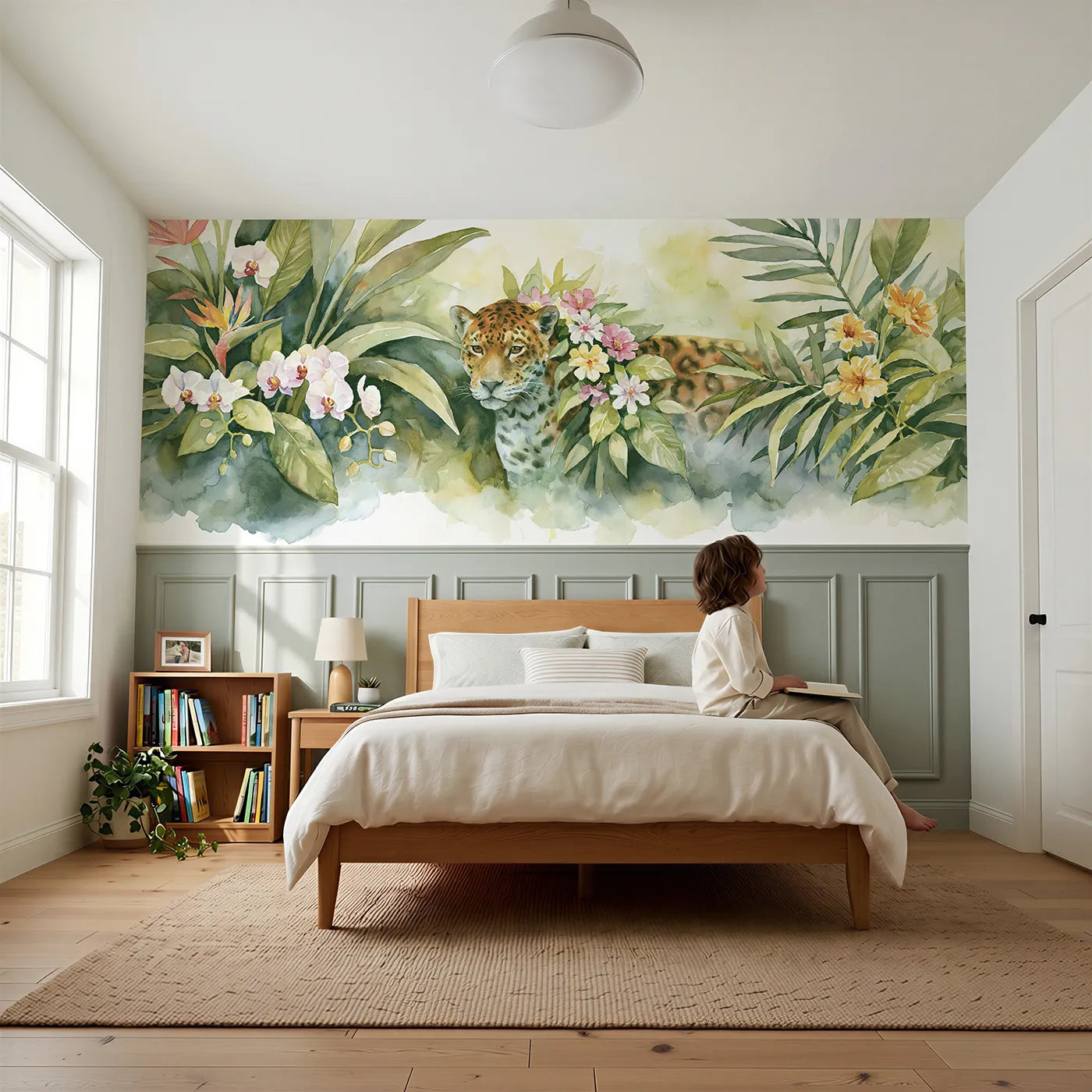 Child reading near Leopard Among Jungle Blooms Wainscoting Wallpaper by Whimsy Tots
