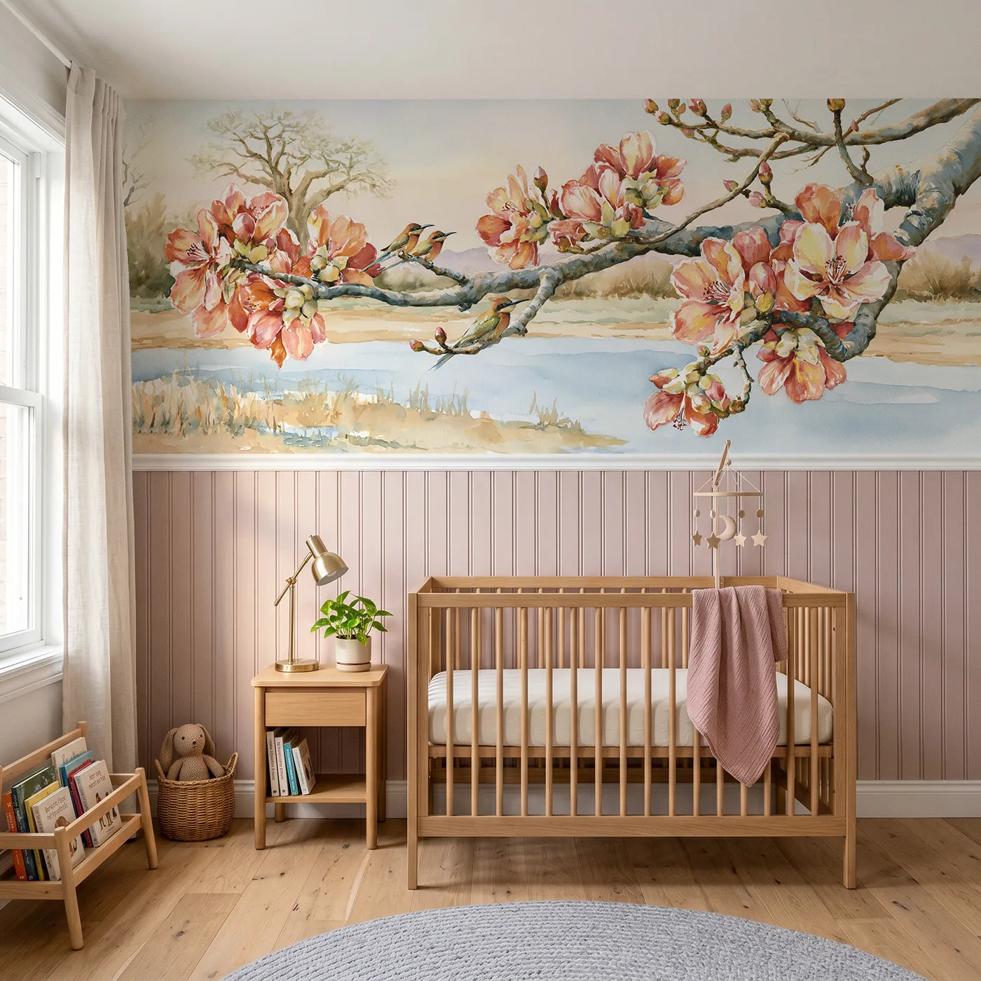 Watercolor wainscoting wallpaper of baobab blossoms and sunbirds for a nursery by Whimsy Tots