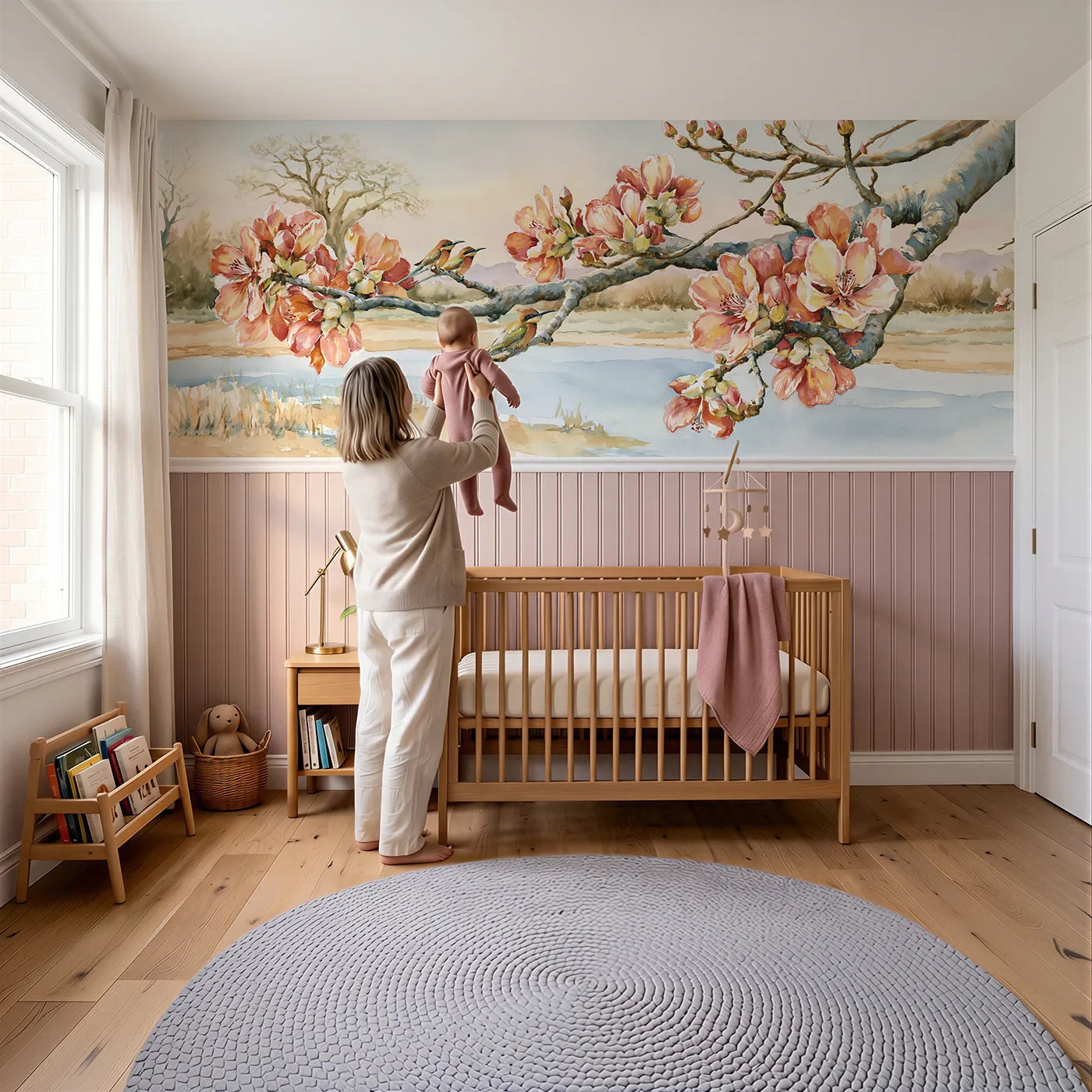 Child reading near Baobab Blossom Morning Wainscoting Wallpaper by Whimsy Tots