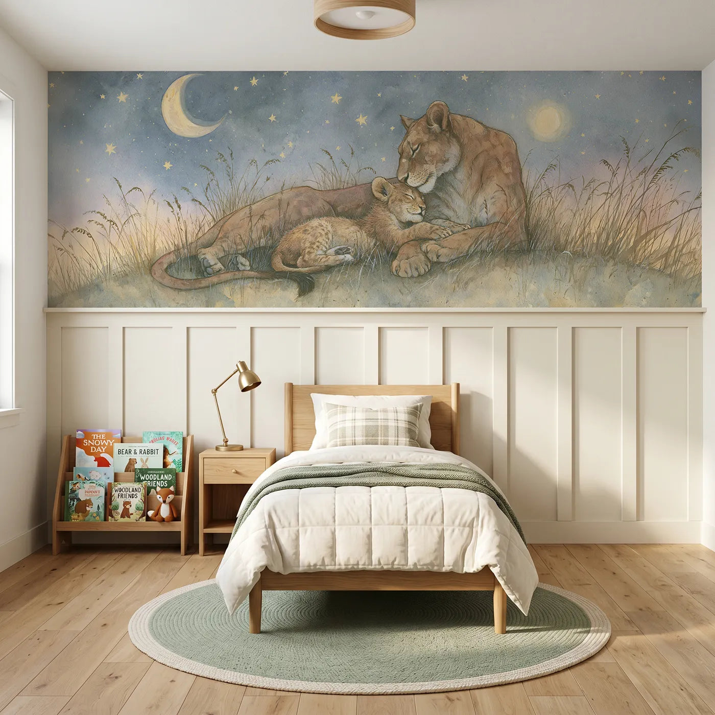 Storybook wainscoting wallpaper of a lioness nuzzling her cub under stars by Whimsy Tots