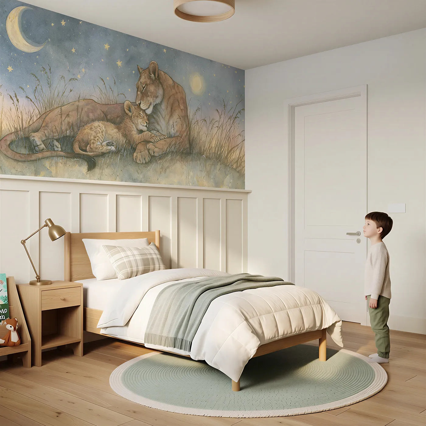 Child reading near Lion Cub Goodnight Nuzzle Wainscoting Wallpaper by Whimsy Tots