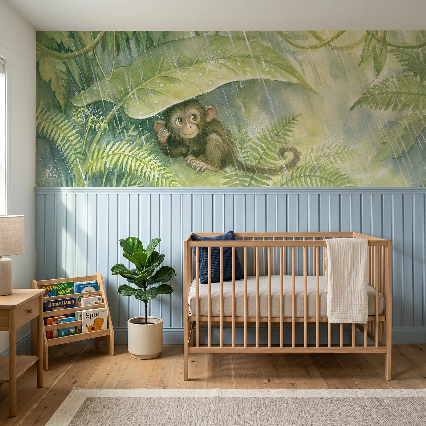 Storybook wainscoting wallpaper of a monkey under a leaf umbrella for a toddler room by Whimsy Tots