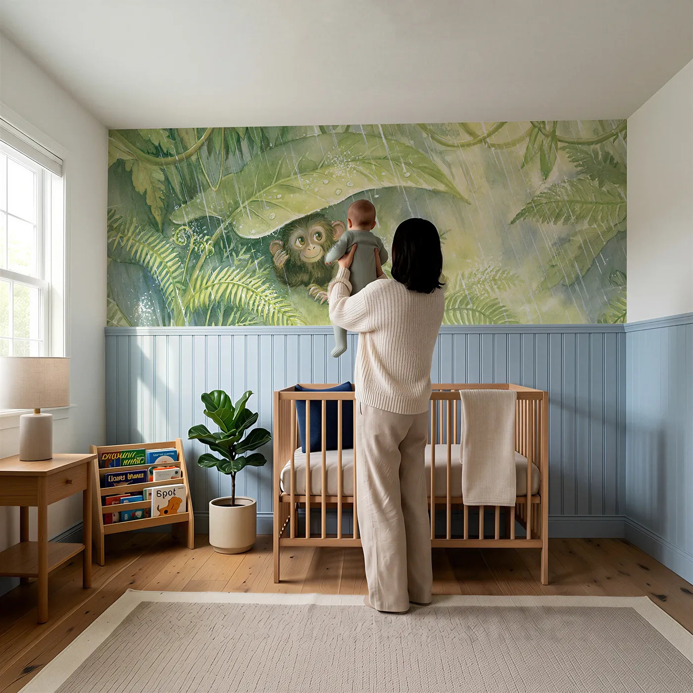 Child reading near Monkey Leaf Umbrella Rain Wainscoting Wallpaper by Whimsy Tots