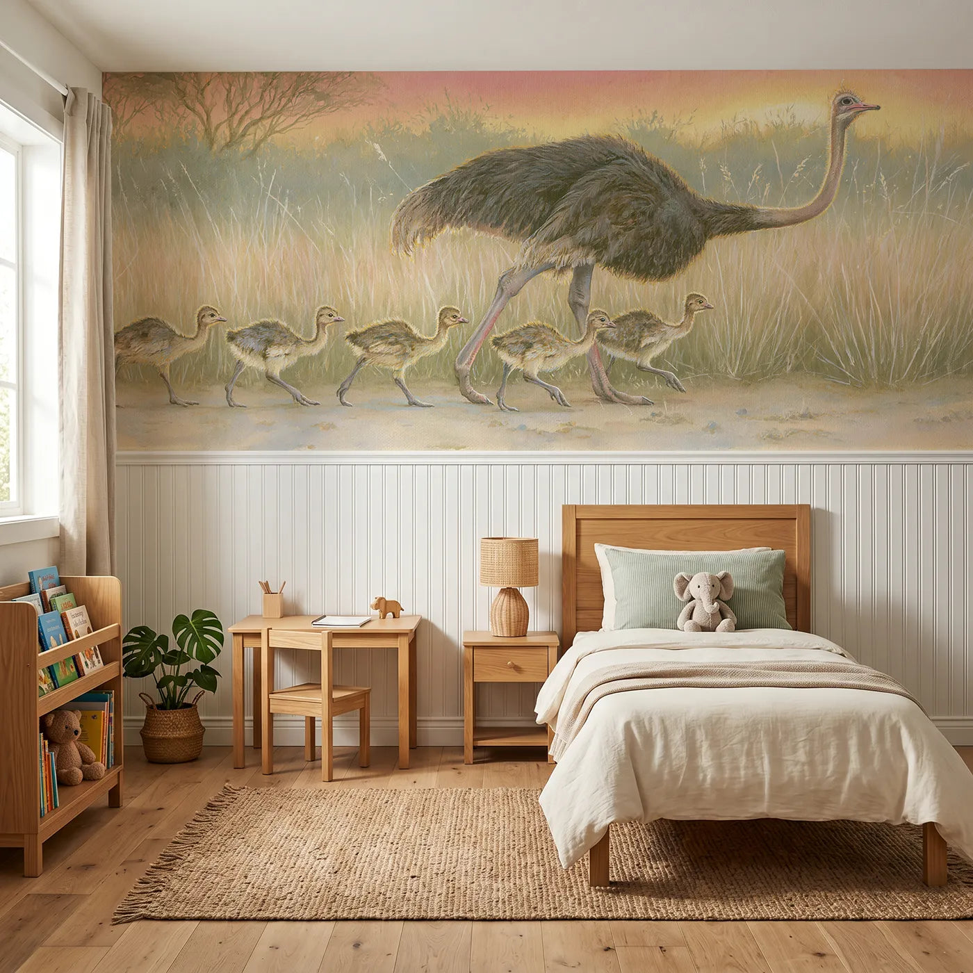 Storybook wainscoting mural of an ostrich parent leading fluffy chicks by Whimsy Tots