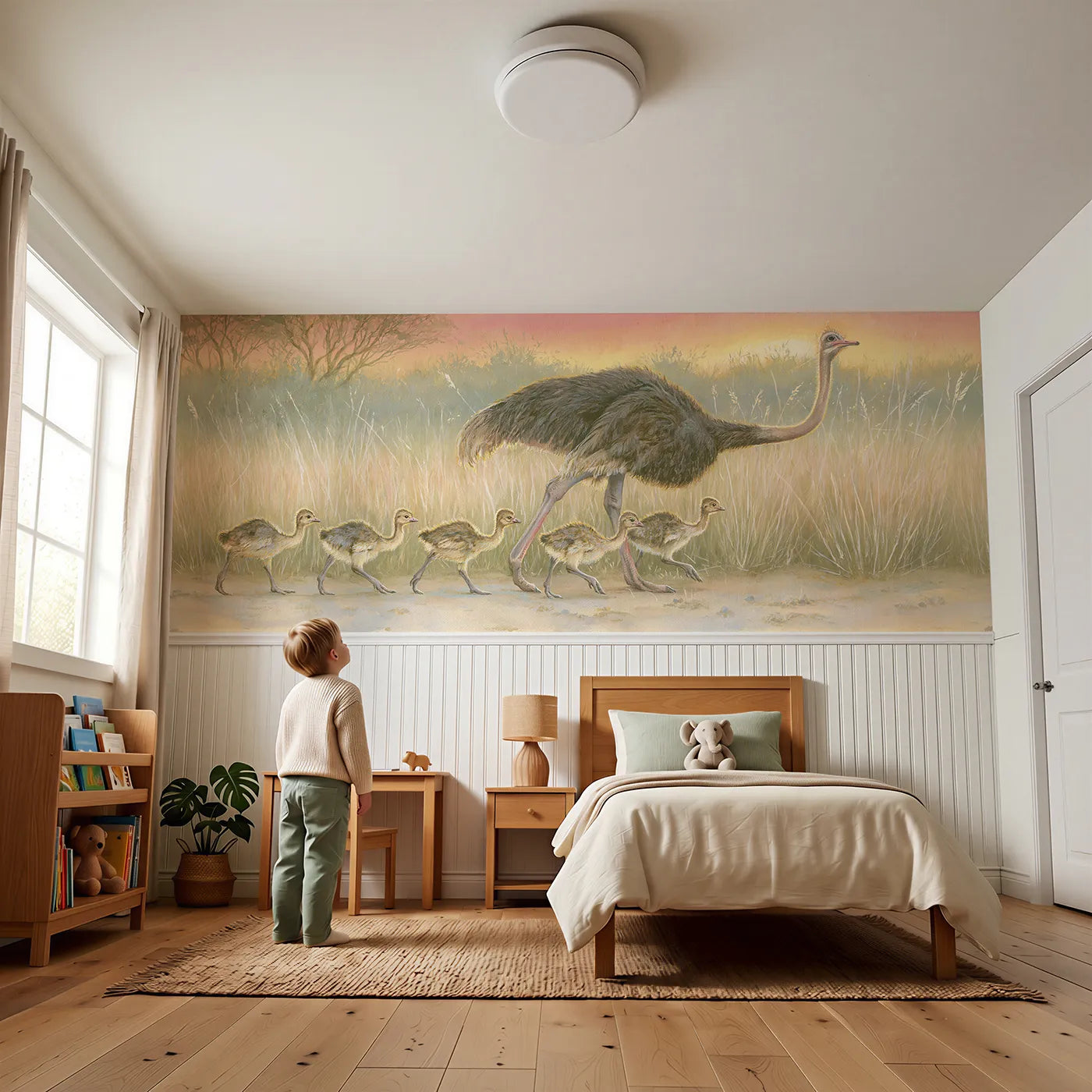 Child reading near Ostrich Family Evening Stroll Wainscoting Wallpaper by Whimsy Tots