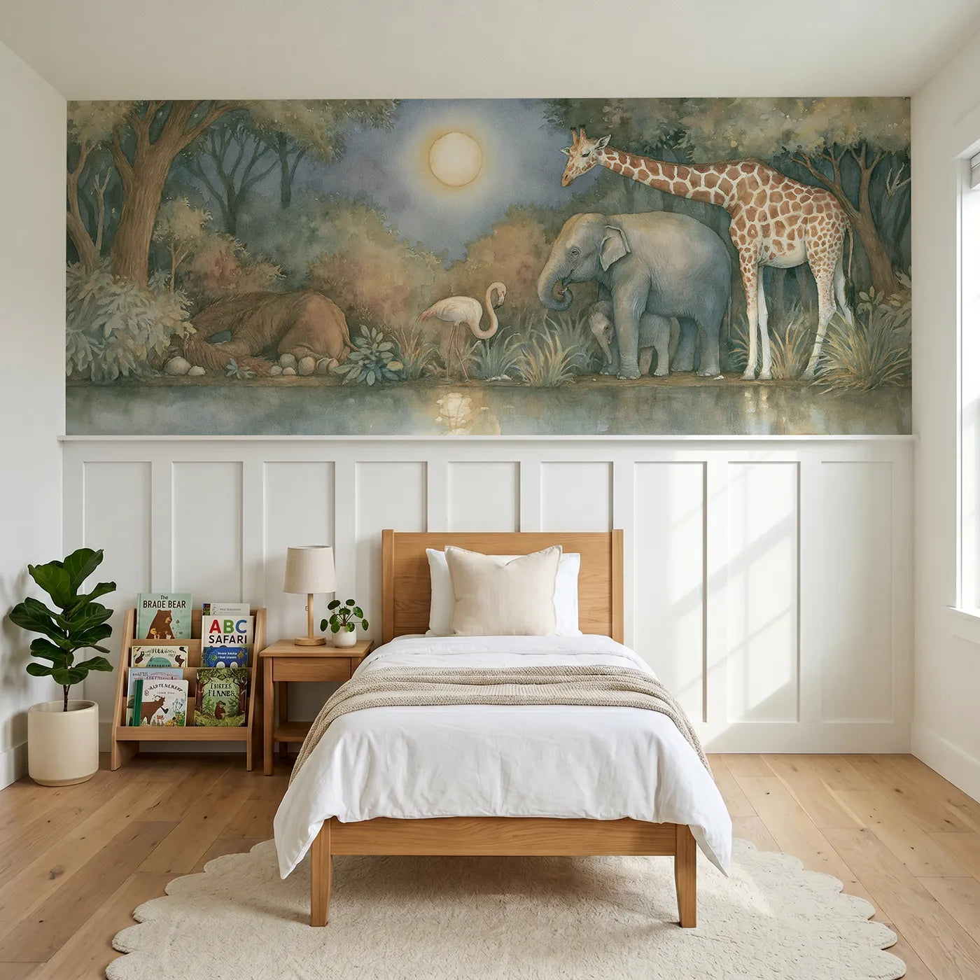 Storybook wainscoting wallpaper of sleepy zoo animals at moonrise for a nursery by Whimsy Tots
