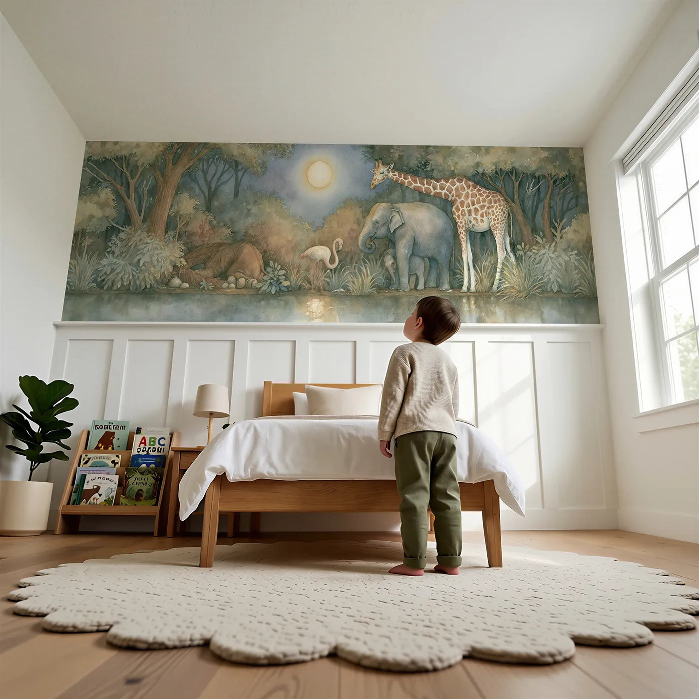 Child reading near Sleepy Zoo Goodnight Wainscoting Wallpaper by Whimsy Tots