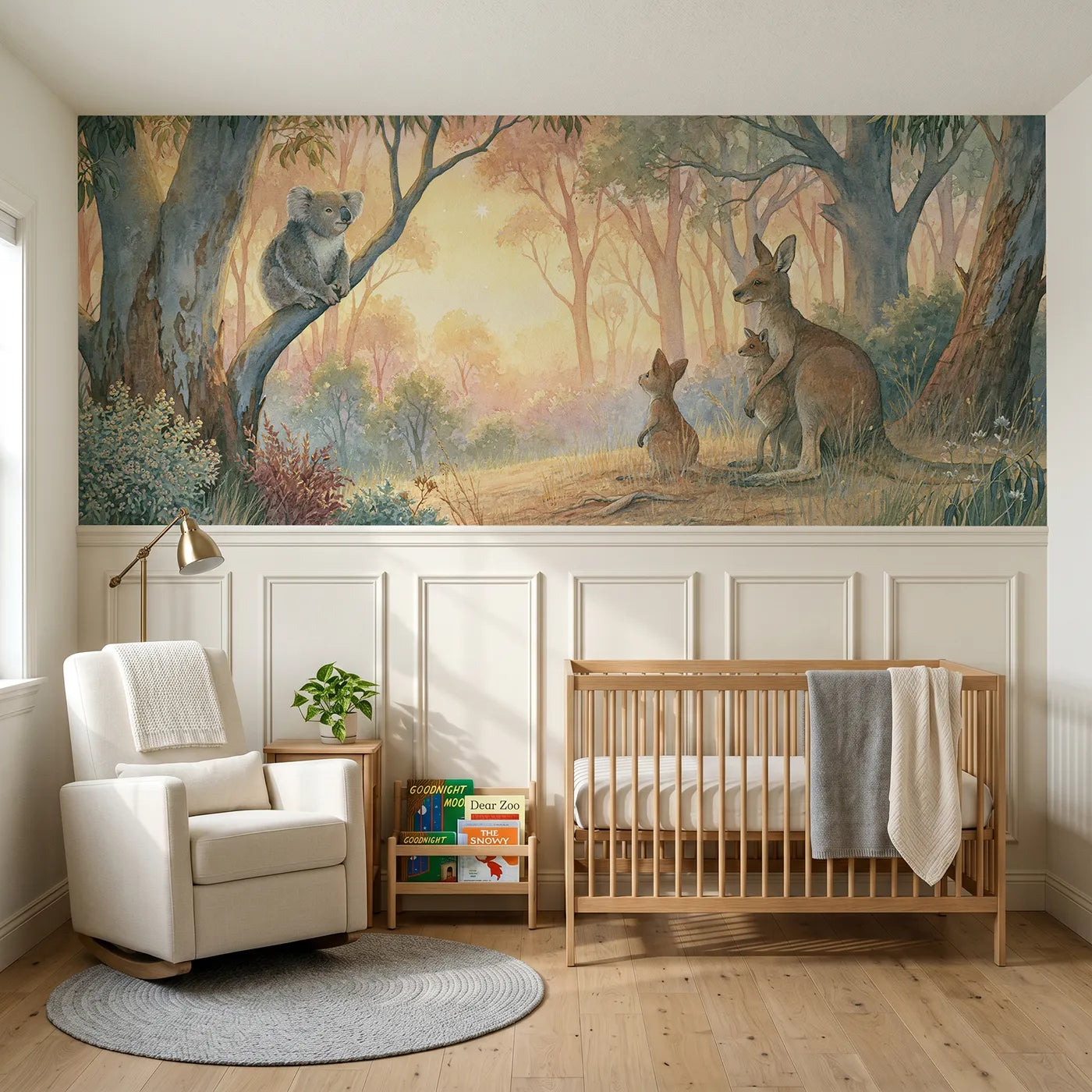 Storybook wainscoting wallpaper of outback animals watching the evening star by Whimsy Tots