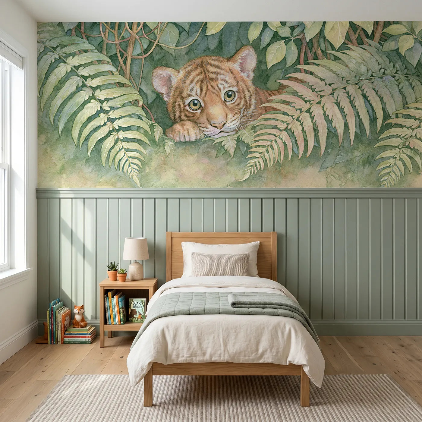 Storybook wainscoting wallpaper of a tiger cub peeking through ferns by Whimsy Tots