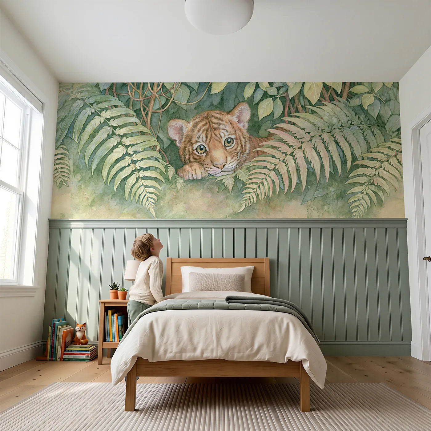 Child reading near Tiger Cub Peekaboo Ferns Wainscoting Wallpaper by Whimsy Tots