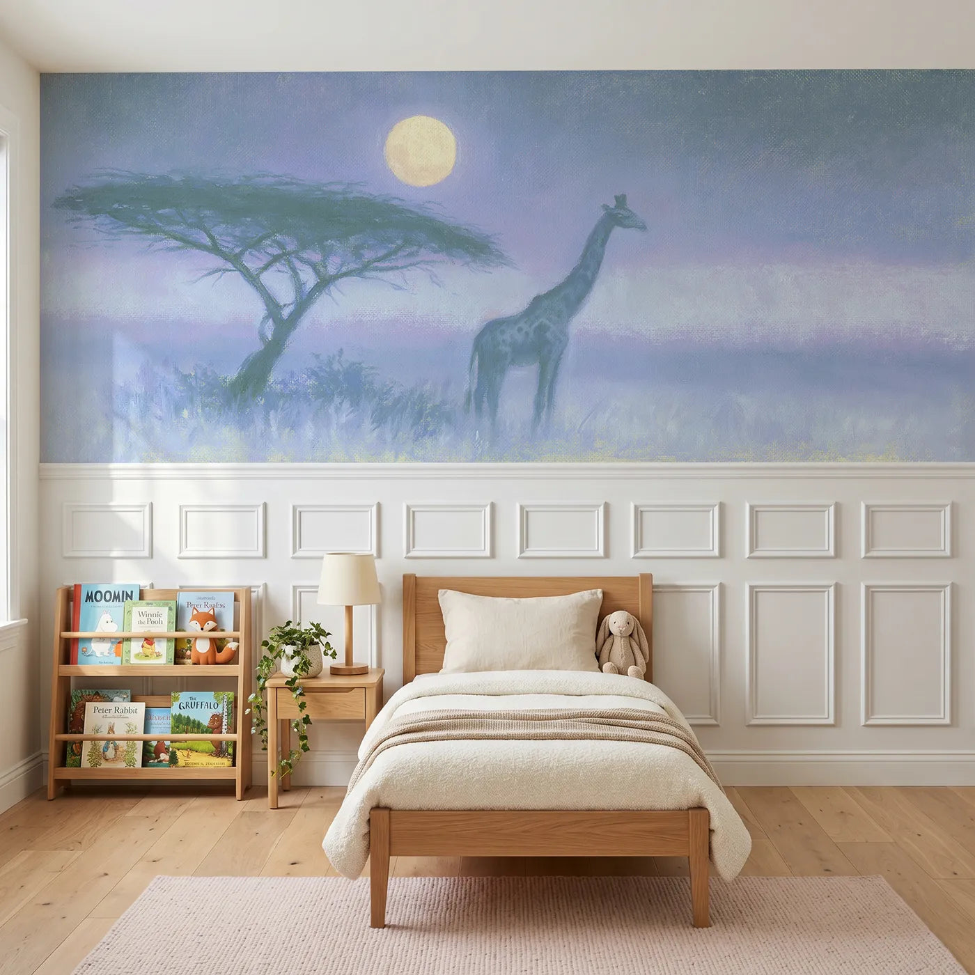 Soft pastel wainscoting mural of a giraffe under a rising moon for a nursery by Whimsy Tots