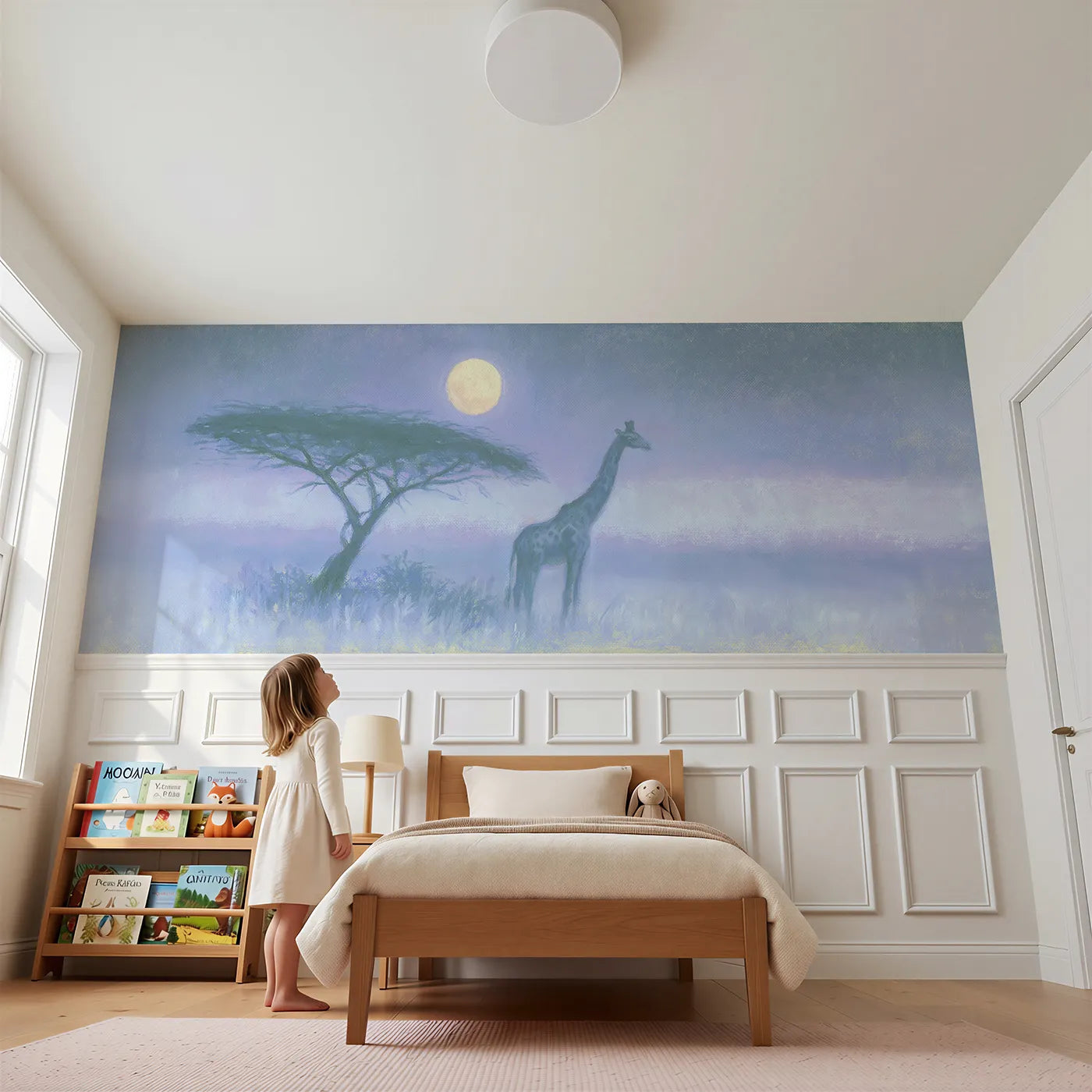 Child reading near Giraffe Moonrise Lullaby Wainscoting Wallpaper by Whimsy Tots