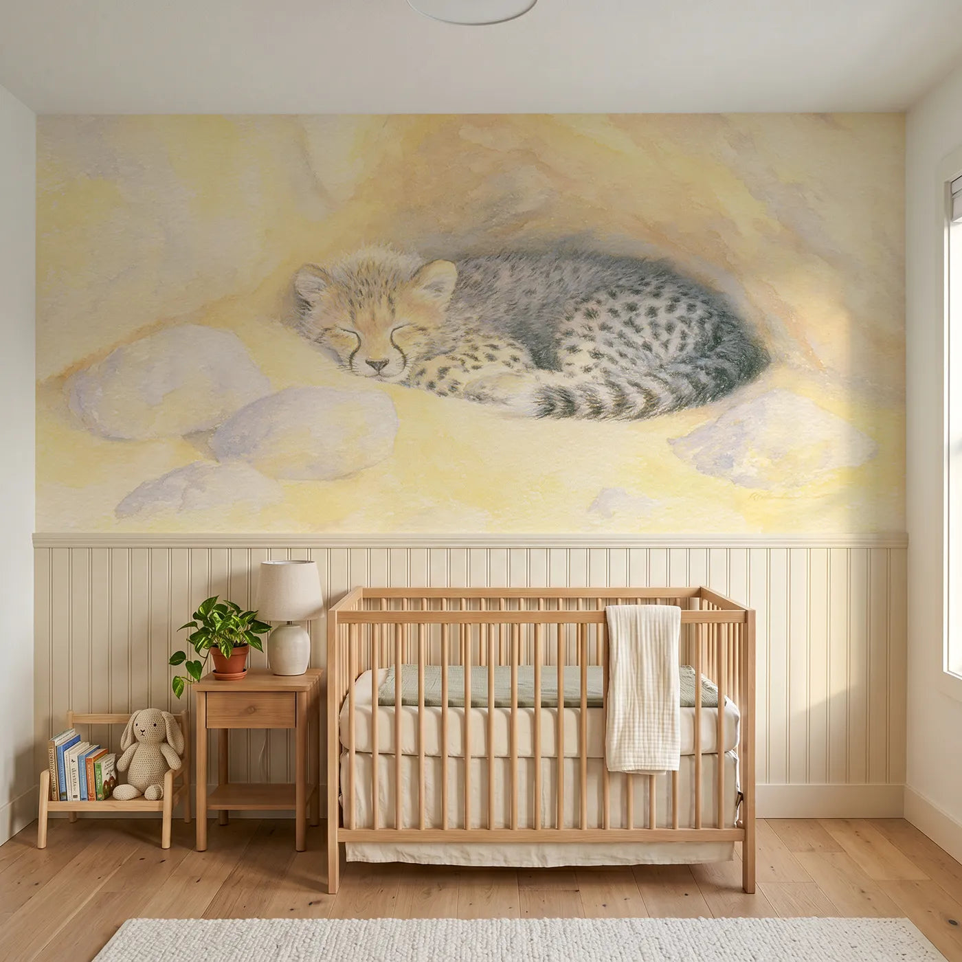 Soft pastel wainscoting wallpaper of a cheetah cub napping on warm rocks by Whimsy Tots