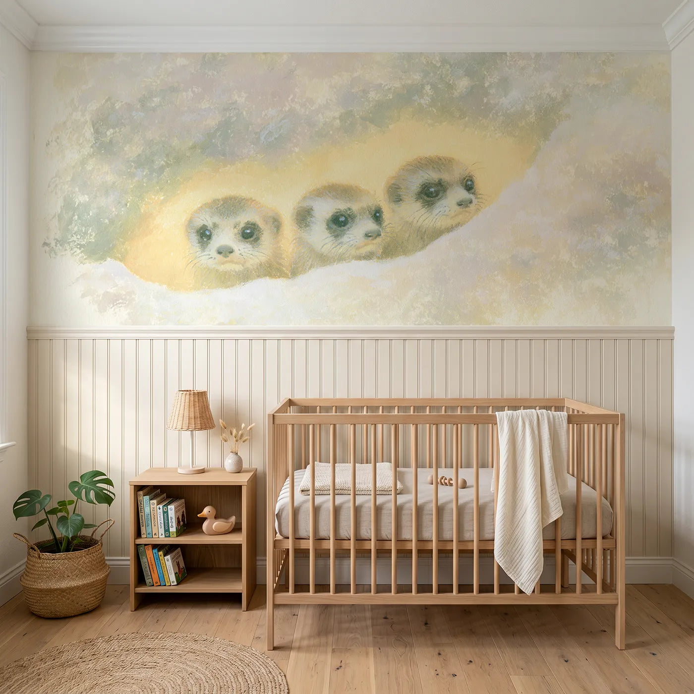Soft pastel wainscoting wallpaper of meerkat pups peeking from a burrow by Whimsy Tots