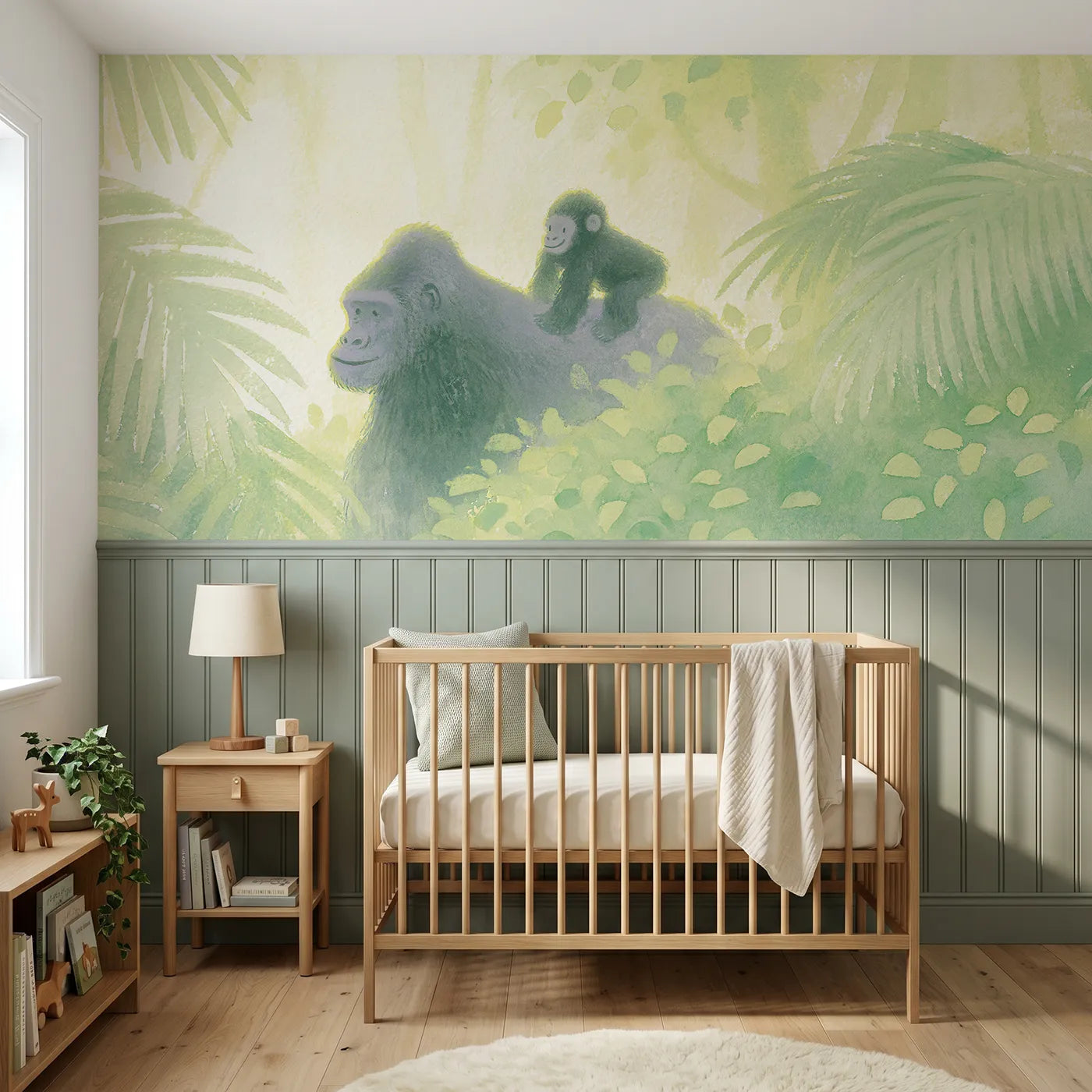 Soft pastel wainscoting wallpaper of a baby gorilla riding piggyback for a nursery by Whimsy Tots