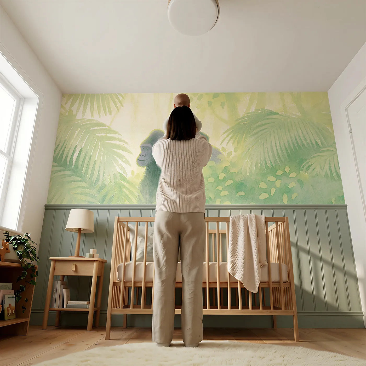 Child reading near Gorilla Baby Piggyback Ride Wainscoting Wallpaper by Whimsy Tots