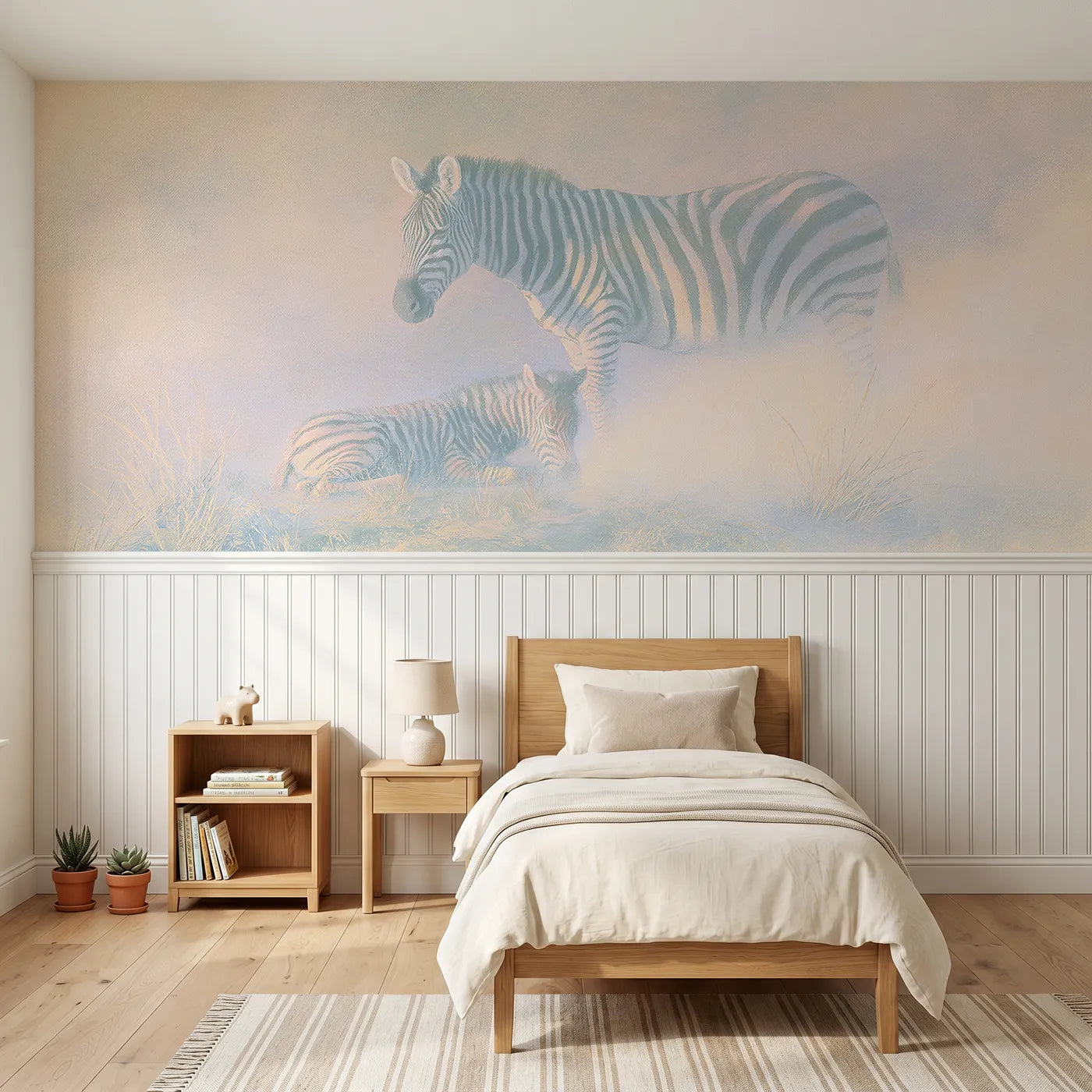 Soft pastel wainscoting mural of a zebra mother and dozing foal in moonlight by Whimsy Tots
