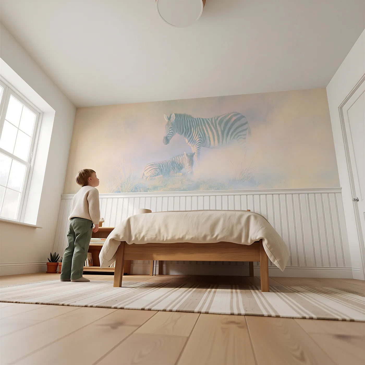 Child reading near Zebra Mother Foal Moonglow Wainscoting Wallpaper by Whimsy Tots