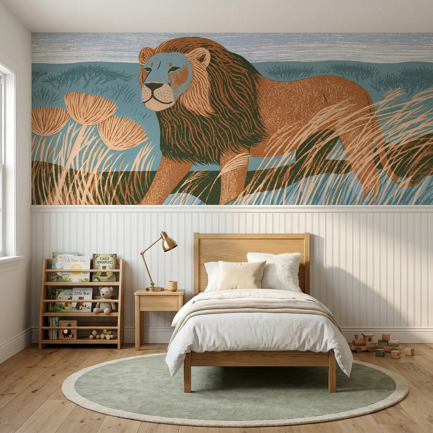 Block print wainscoting wallpaper of a carved lion in windblown grass by Whimsy Tots
