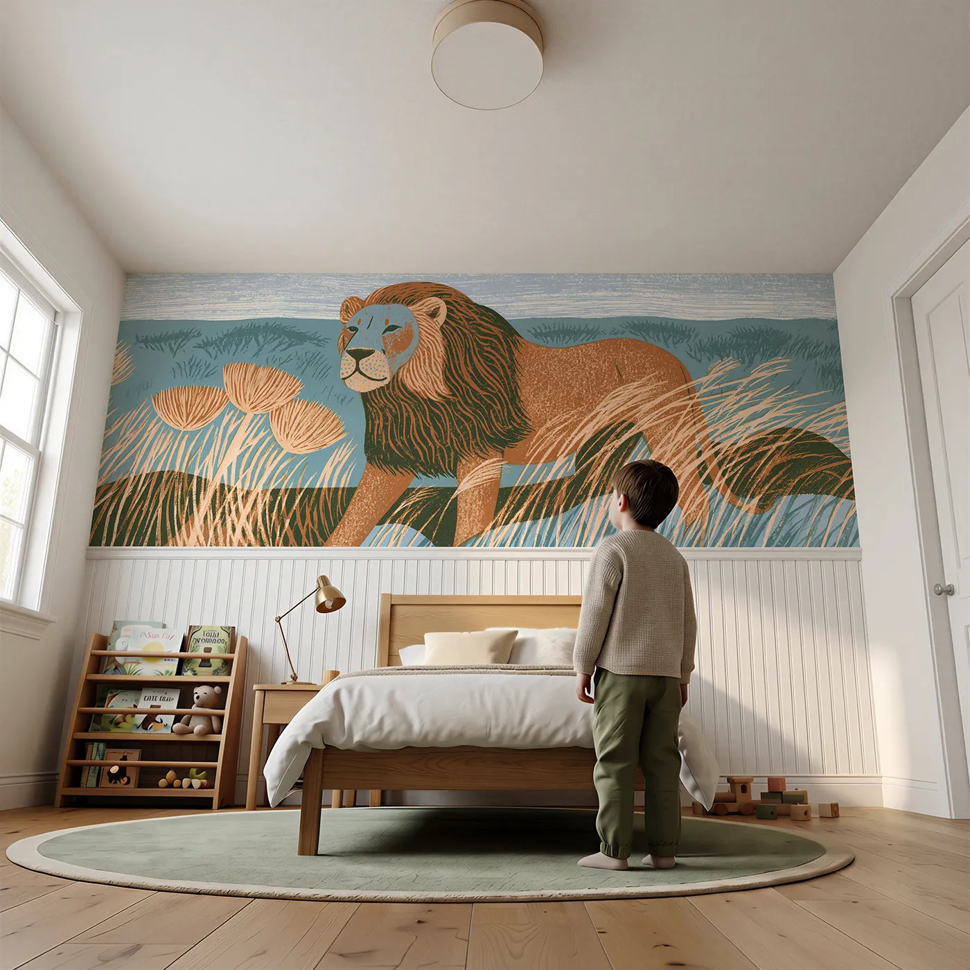 Child reading near Carved Lion Grass Wind Wainscoting Wallpaper by Whimsy Tots