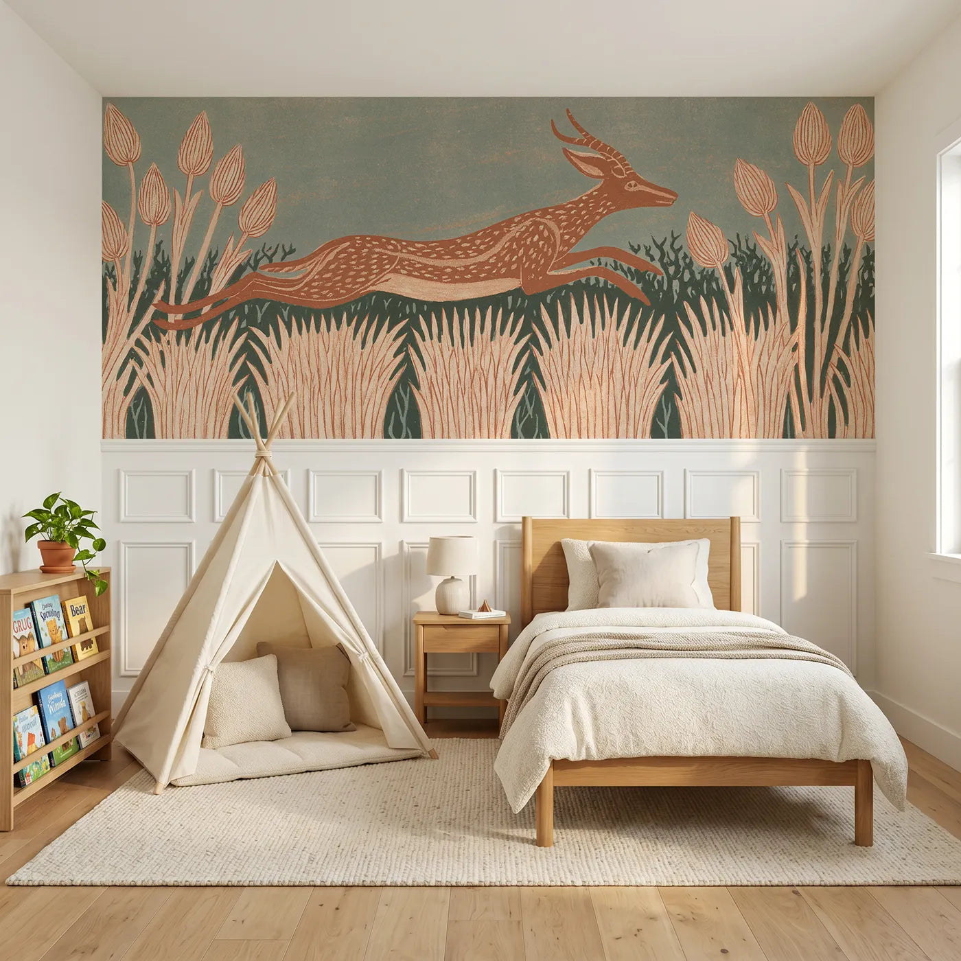 Block print wainscoting wallpaper of a carved gazelle leaping over grass by Whimsy Tots